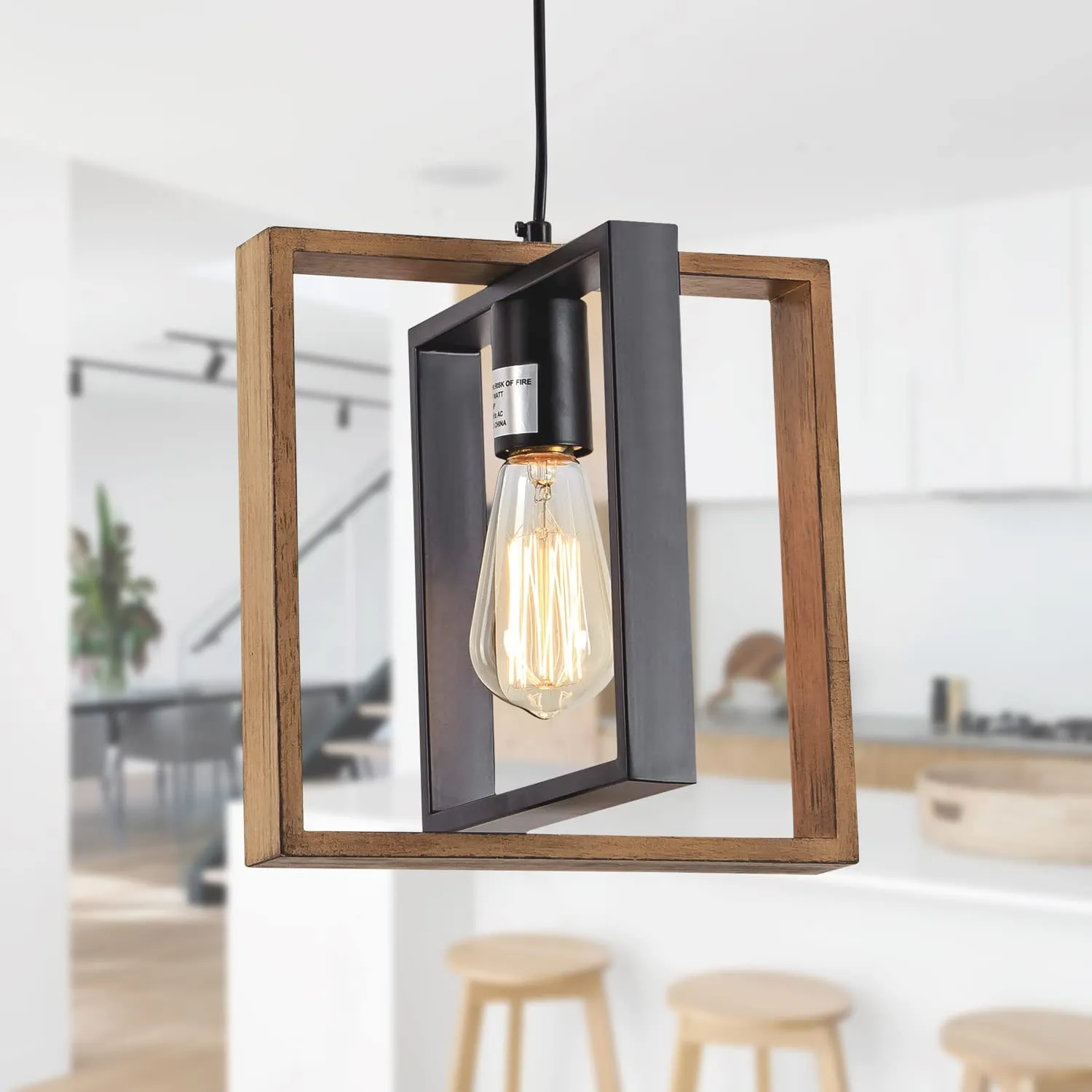 1 Light Kitchen Island Light Modern Black Dining Room Light Fixture Mini Wood Farmhouse Chandelier Hanging Pendant Light Fixtures for Foyer Hallway