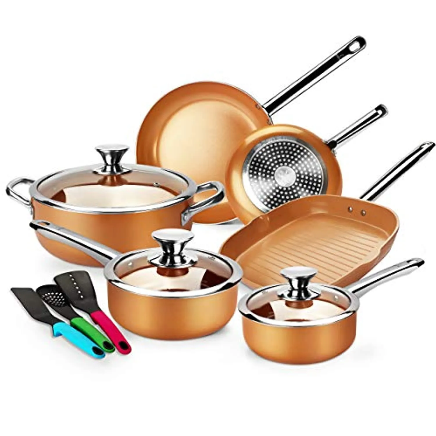 12pcs Nonstick Cookware Set, Pots and Pans Set with Stainless Steel Handles,