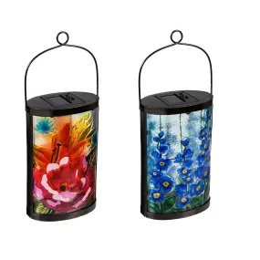 2 Asst., 14.8"H Solar Oval Glass Lantern, Boho Florals,2sp5559