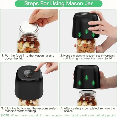 3 in 1 Electric Mason Jar Vacuum Sealer Kit with External Assembly Vacuum Pump for Food Storage, Automatic Vacuum Sealer Compatible with Vacuum Bag,Wine Bottle,Wide Mouth and Regular Mouth Mason Jars