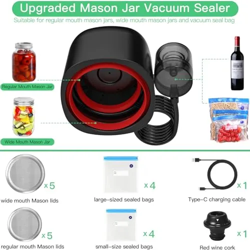 3 in 1 Electric Mason Jar Vacuum Sealer Kit with External Assembly Vacuum Pump for Food Storage, Automatic Vacuum Sealer Compatible with Vacuum Bag,Wine Bottle,Wide Mouth and Regular Mouth Mason Jars