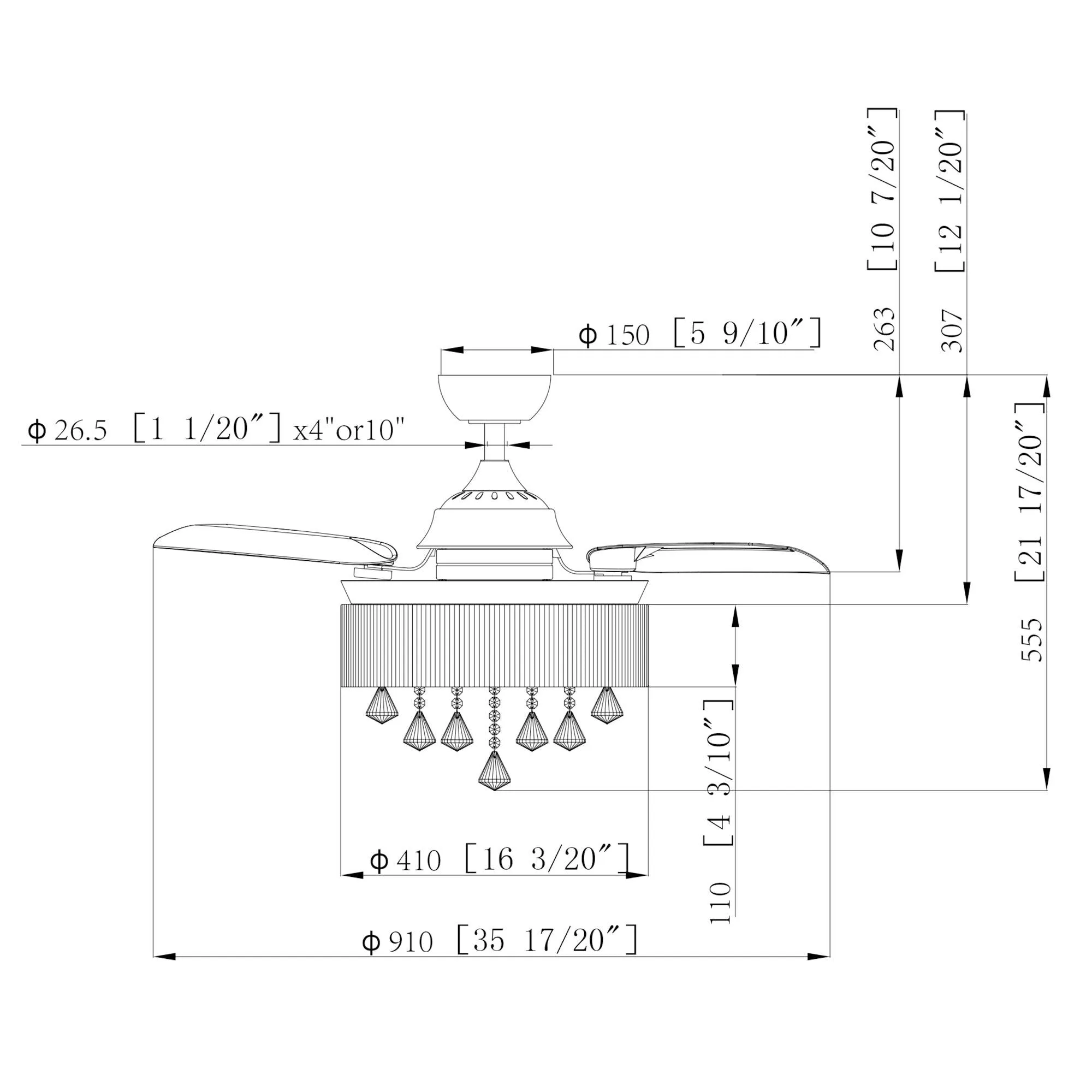 36" Bangaiore Modern Downrod Mount Crystal Ceiling Fan with Lighting and Remote Control