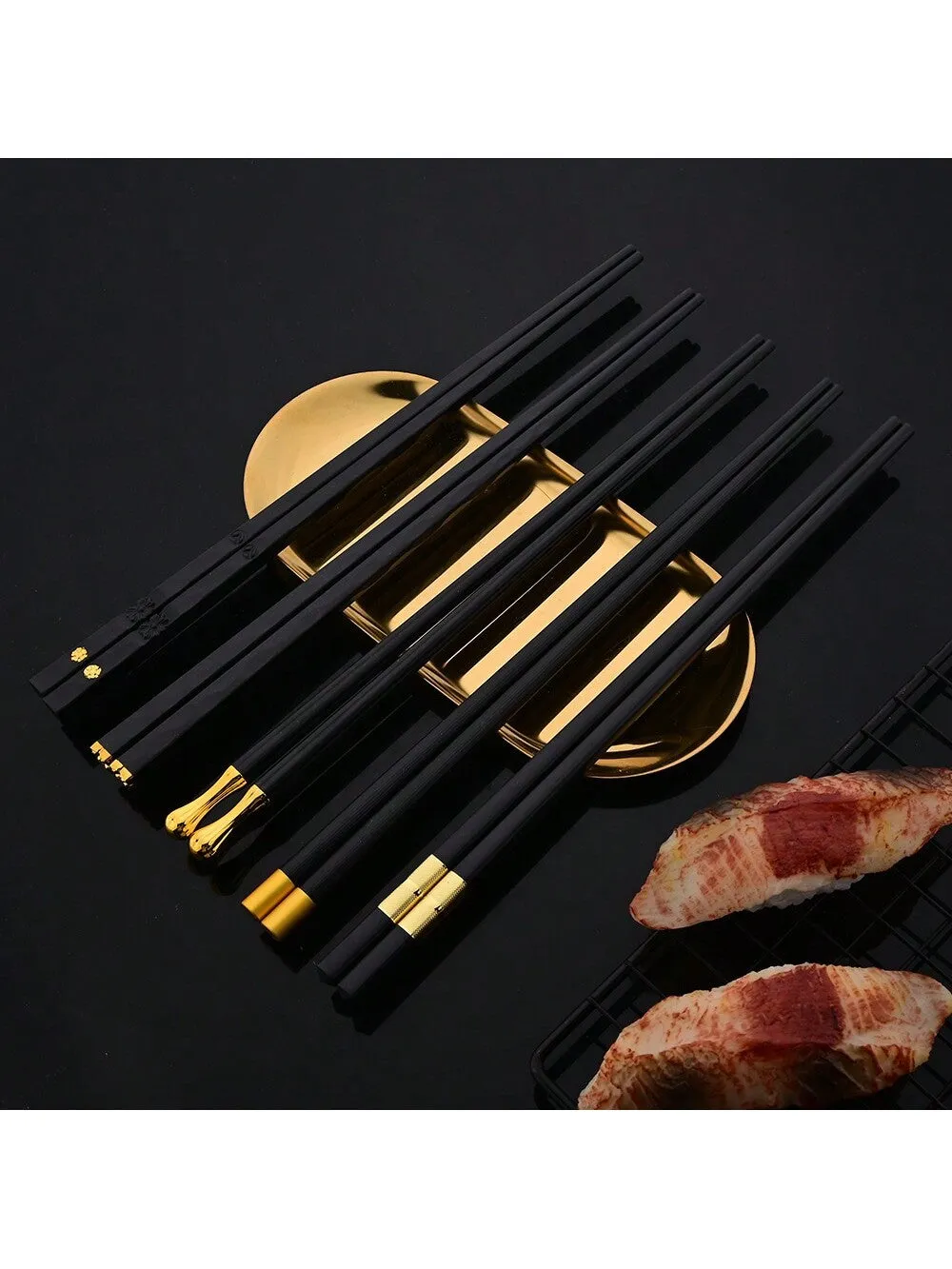 5 Pairs Japanese & Chinese Style Reusable Metal Chopsticks & Sushi Sticks Set, Healthy Alloy Tableware With Korean Chopstick Holder