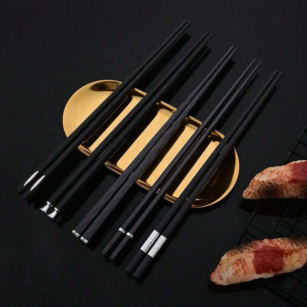 5 Pairs Japanese & Chinese Style Reusable Metal Chopsticks & Sushi Sticks Set, Healthy Alloy Tableware With Korean Chopstick Holder