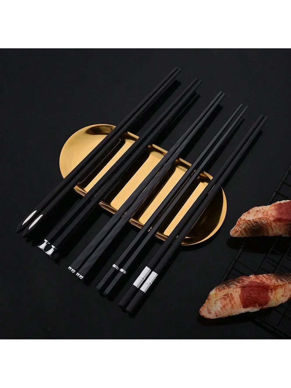 5 Pairs Japanese & Chinese Style Reusable Metal Chopsticks & Sushi Sticks Set, Healthy Alloy Tableware With Korean Chopstick Holder