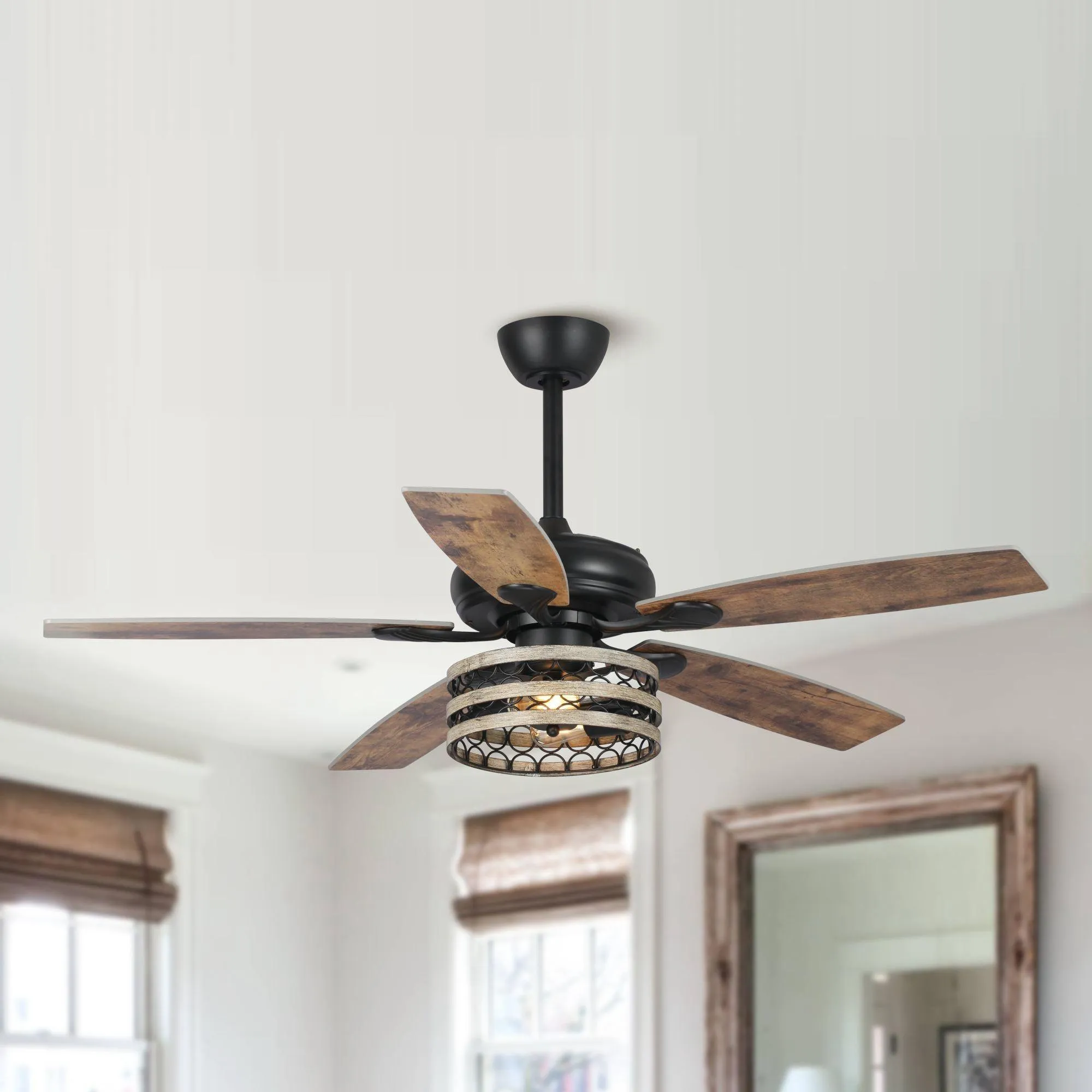 52" Hyderabad-Secunderabad Farmhouse Downrod Mount Reversible Ceiling Fan with Lighting and Remote Control