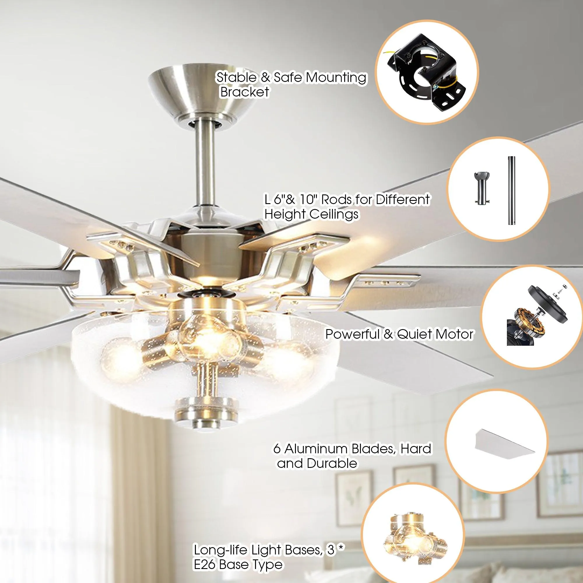 70" Modern Brushed Nickel DC Motor Downrod Mount Ceiling Fan with Lighting and Remote Control