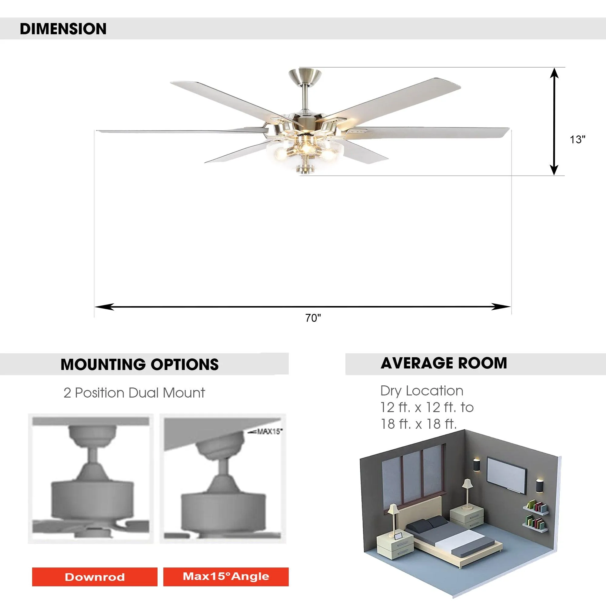 70" Modern Brushed Nickel DC Motor Downrod Mount Ceiling Fan with Lighting and Remote Control