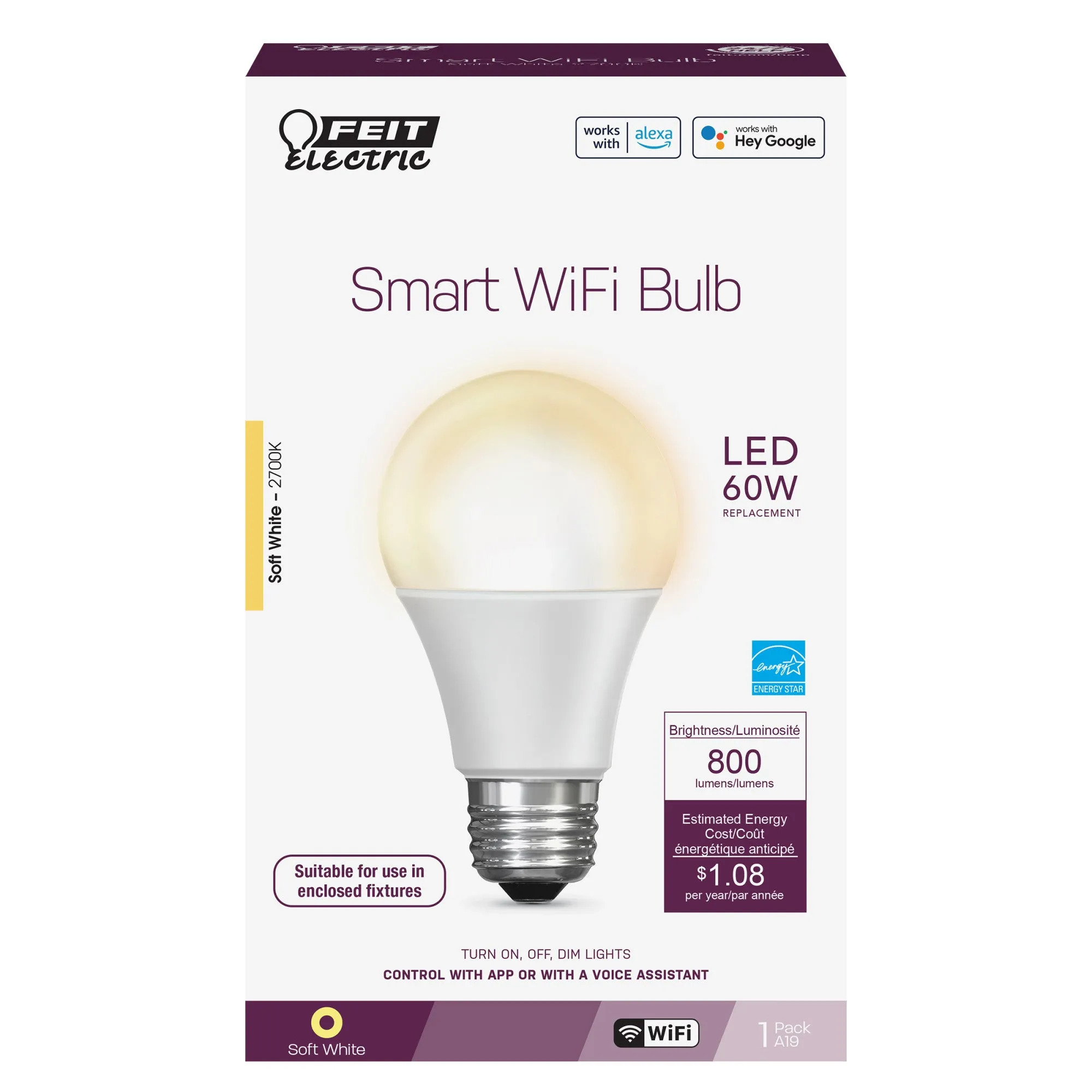 9W (60W Replacement) Soft White (2700K) E26 Base A19 LED Alexa Google Smart Wi-Fi Bulb