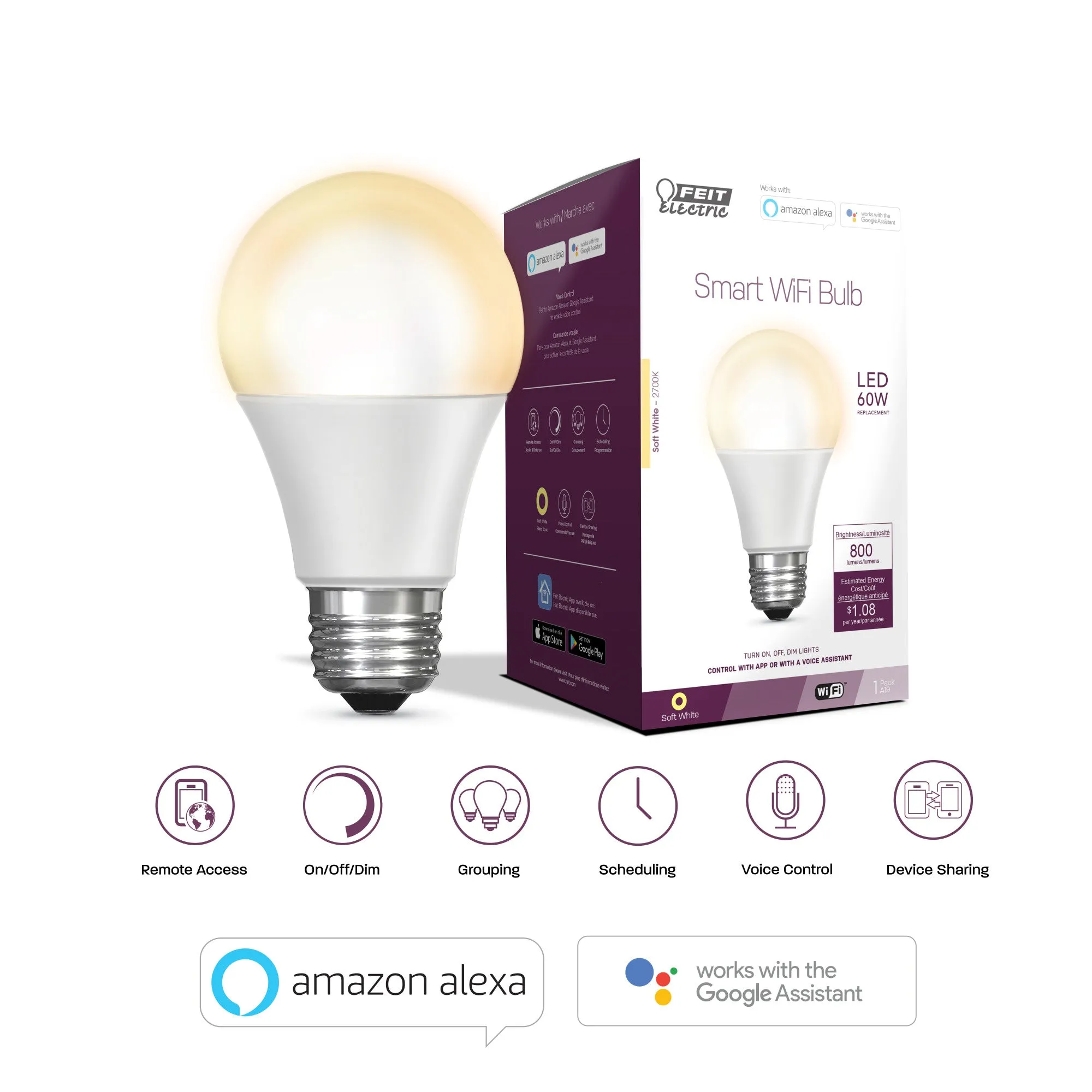 9W (60W Replacement) Soft White (2700K) E26 Base A19 LED Alexa Google Smart Wi-Fi Bulb