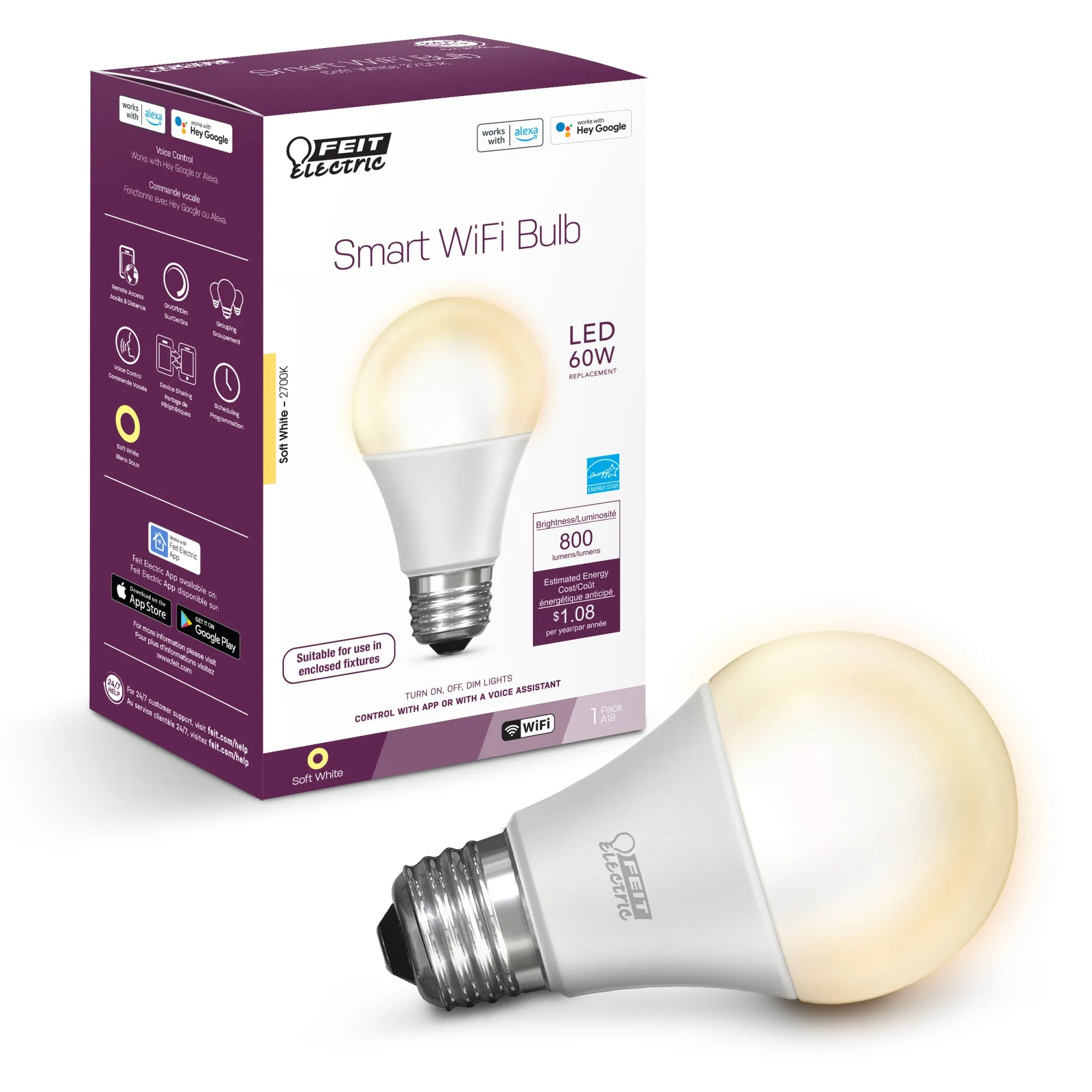 9W (60W Replacement) Soft White (2700K) E26 Base A19 LED Alexa Google Smart Wi-Fi Bulb