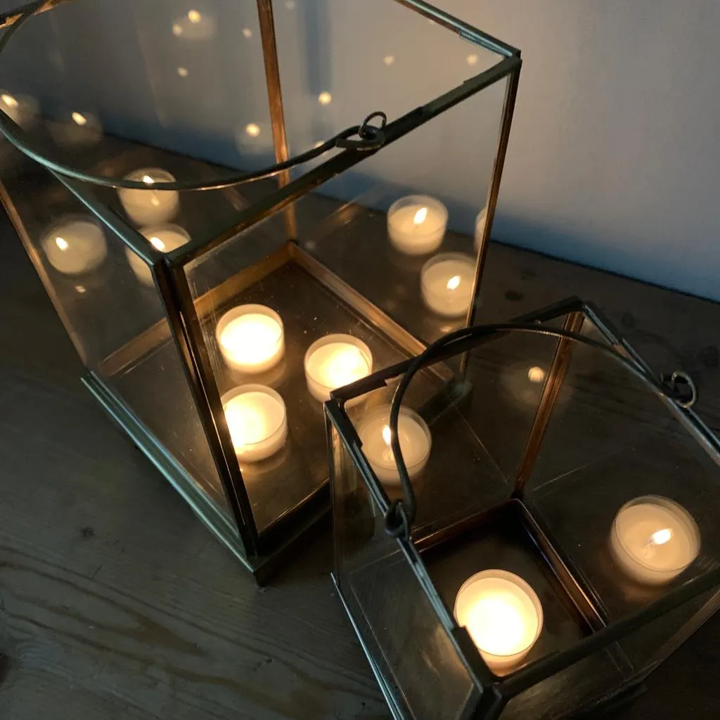 Antique Effect Brass Box Lanterns - two sizes