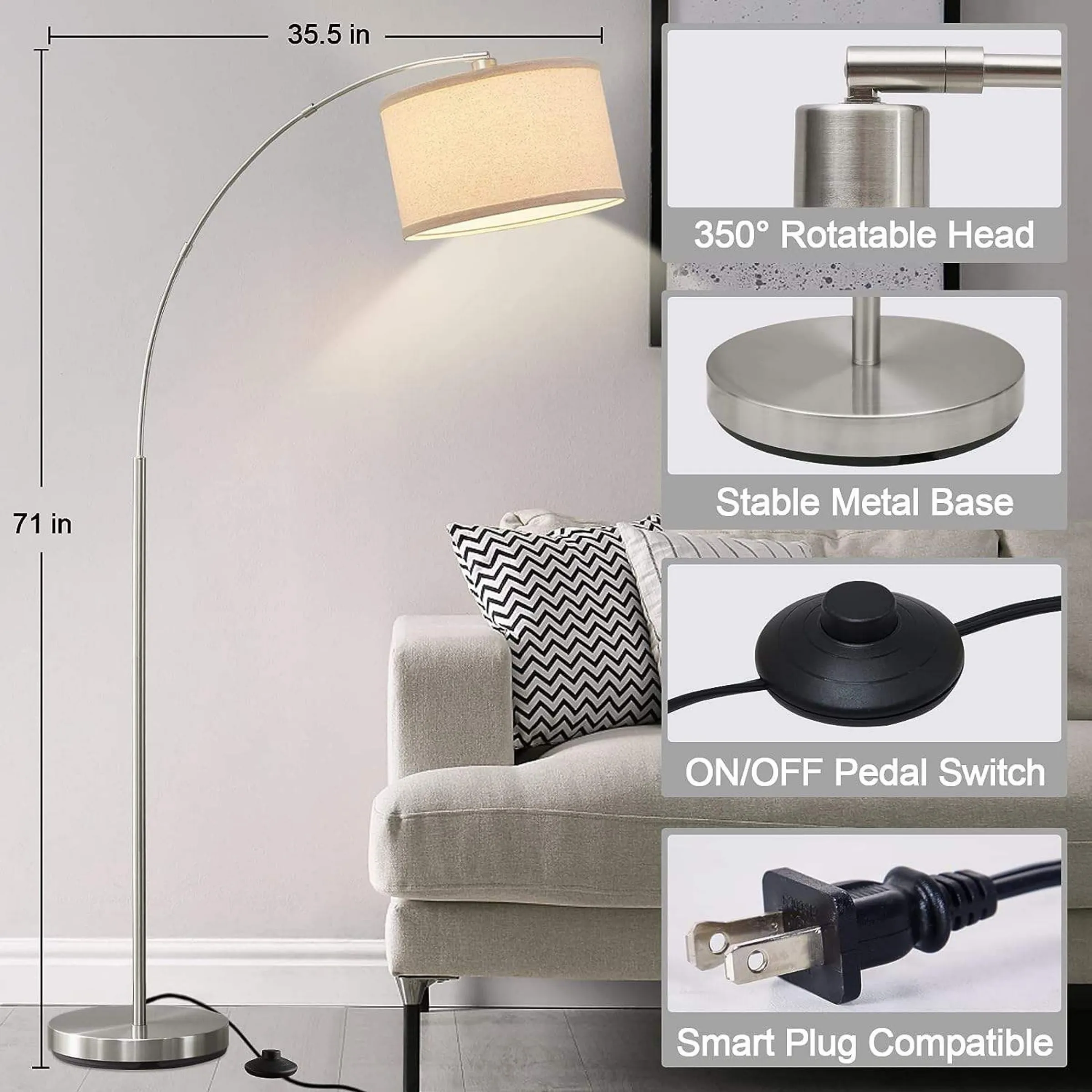 Arc Silver Modern Adjustable Hanging Drum Shade Floor Lamp With Foot Switch