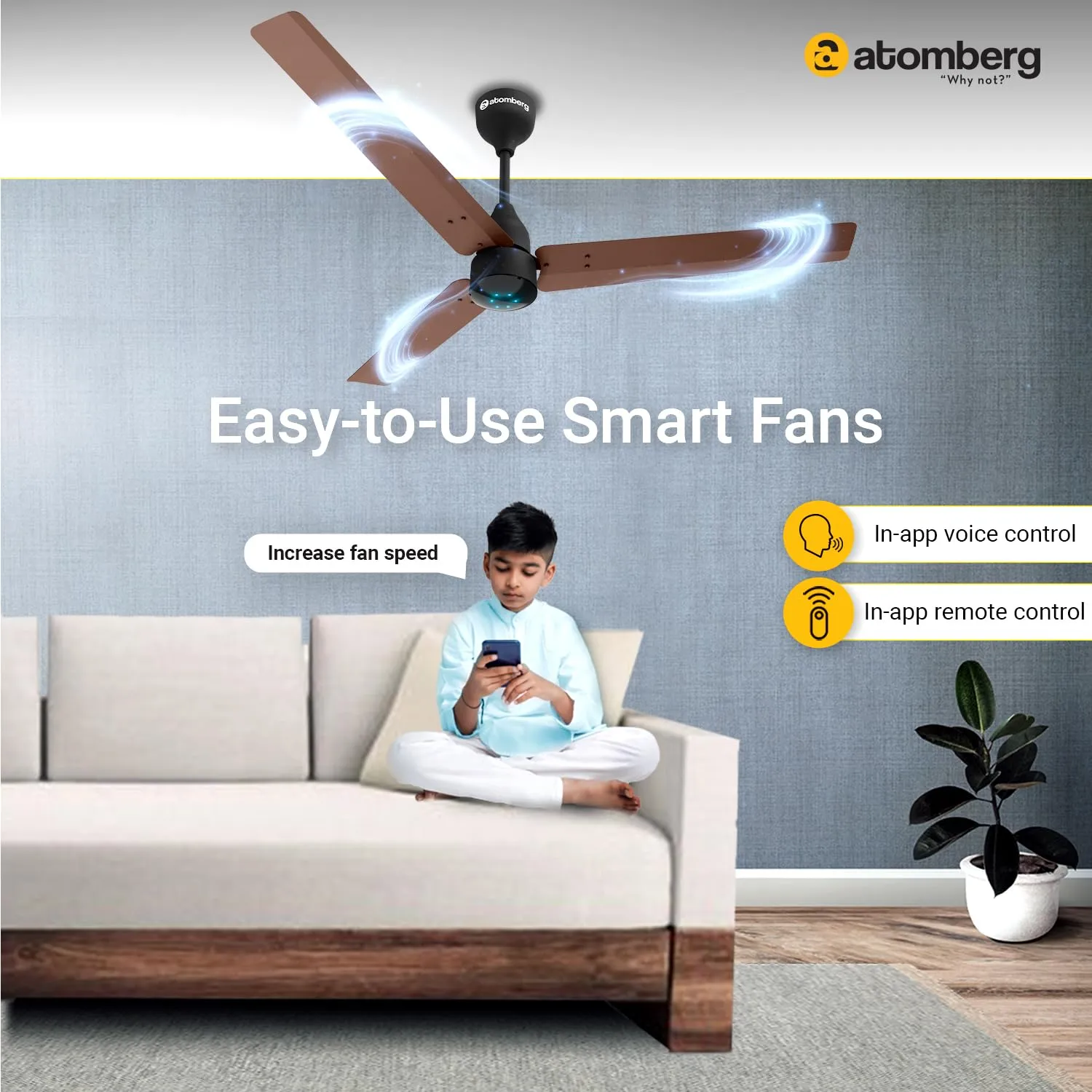 atomberg Renesa Smart 1200mm BLDC Motor 5 Star Rated Ceiling Fan with IoT and Remote | Smart and Energy Efficient Fan with LED Indicators | Saves Upto 65% Energy | 2 1 Year Warranty (Brown)