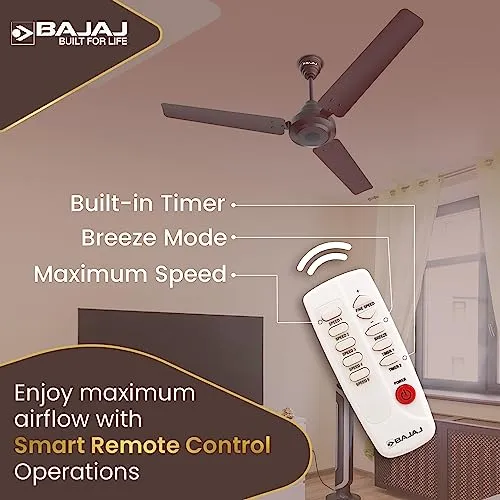 Bajaj Energos 12DC5R 1200mm Silent BLDC Ceiling Fan|5-StarRated Energy Efficient Ceiling Fans for Home|Remote Control|Upto 65% Energy Saving-26W|High Speed|Silent Operation| 2-Yr Warranty Red