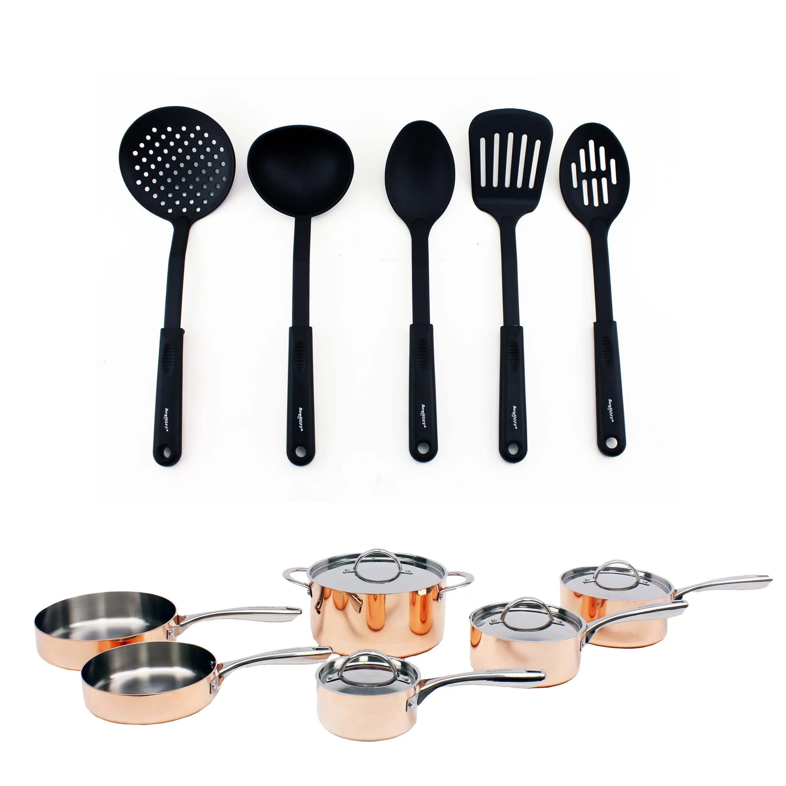 BergHOFF Vintage 15pc Tri-Ply Copper Cookware with Spatulas Set, SS Lids, Polished