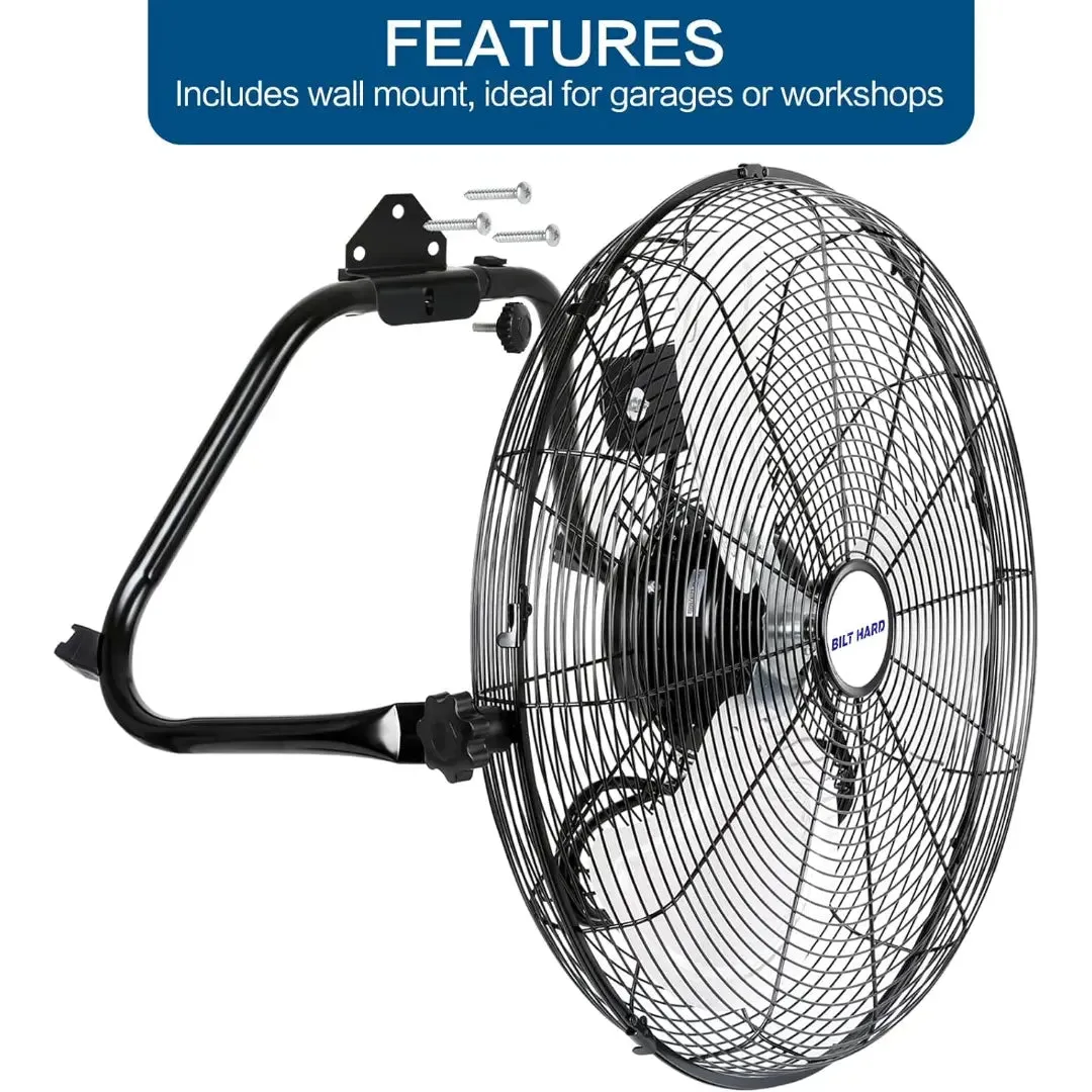 BILT HARD 20" High Velocity Floor Fan, 4650 CFM 3-Speed Heavy Duty Metal Fan with Wall-Mounting System, Industrial Shop Fan