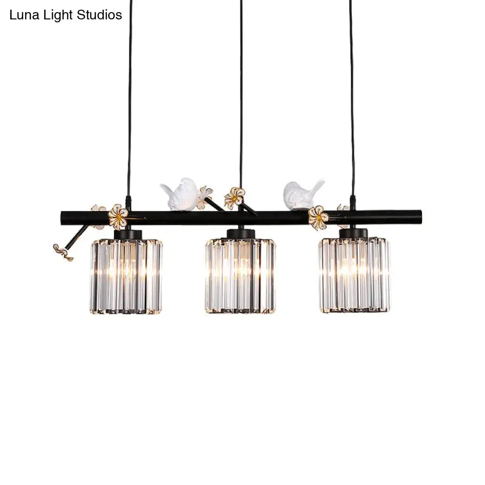 Black Island Pendant Light with Clear Crystal Cylinder and Lodge Style Accents - 3 Lights, Bird and Flower Design