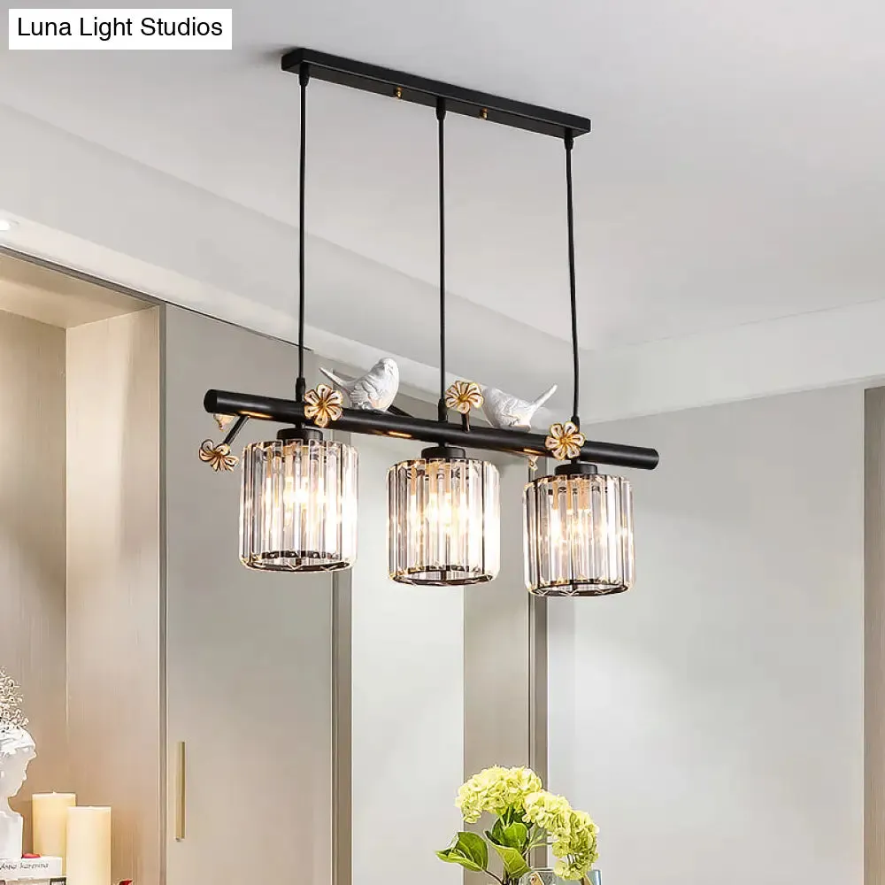 Black Island Pendant Light with Clear Crystal Cylinder and Lodge Style Accents - 3 Lights, Bird and Flower Design