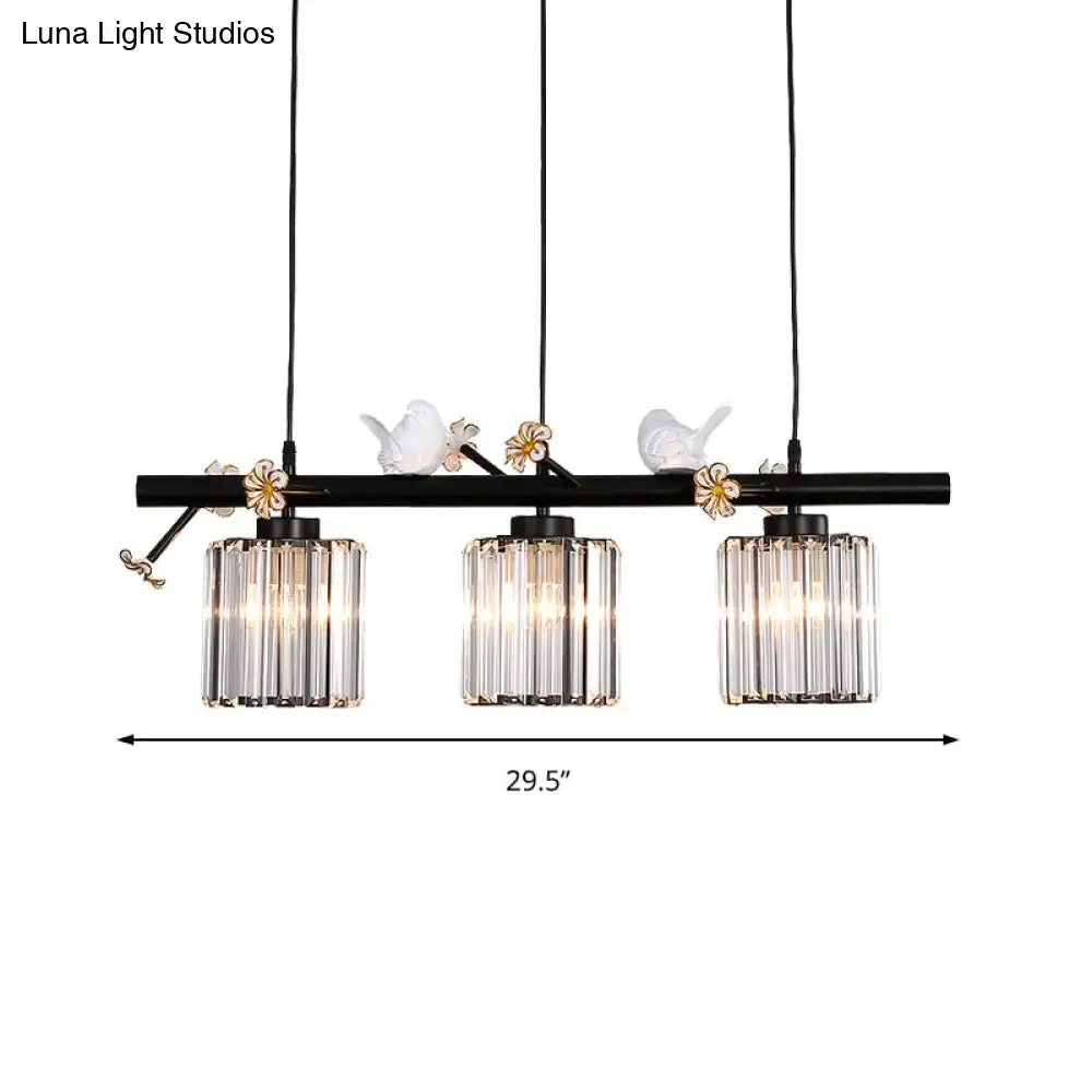 Black Island Pendant Light with Clear Crystal Cylinder and Lodge Style Accents - 3 Lights, Bird and Flower Design