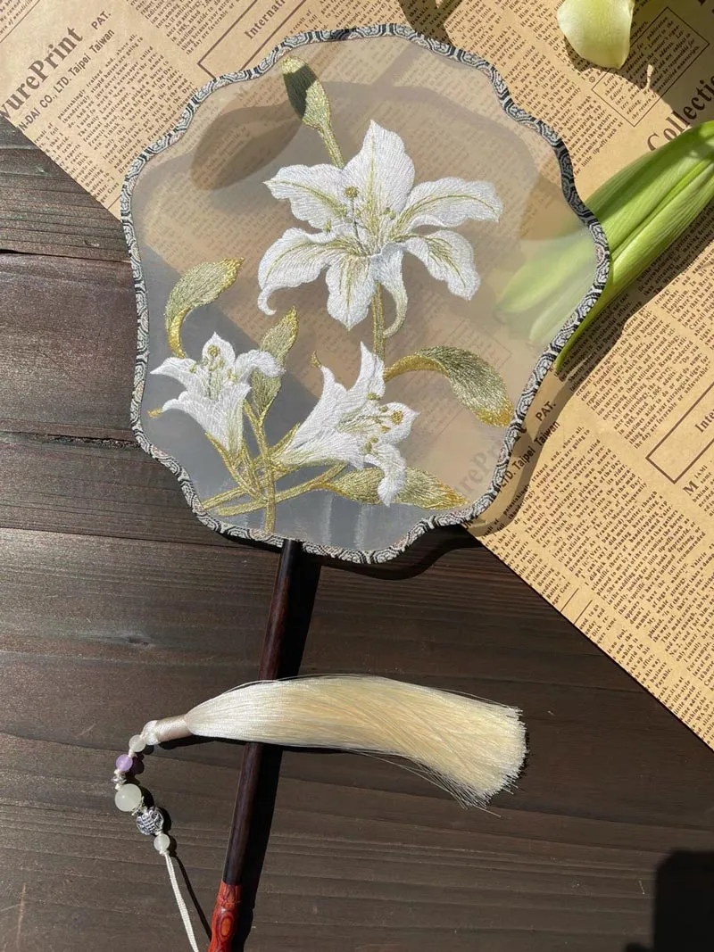 Bluedail Single Side Embroidered Lily Flower Handheld Decorative Fan Chinese Gift