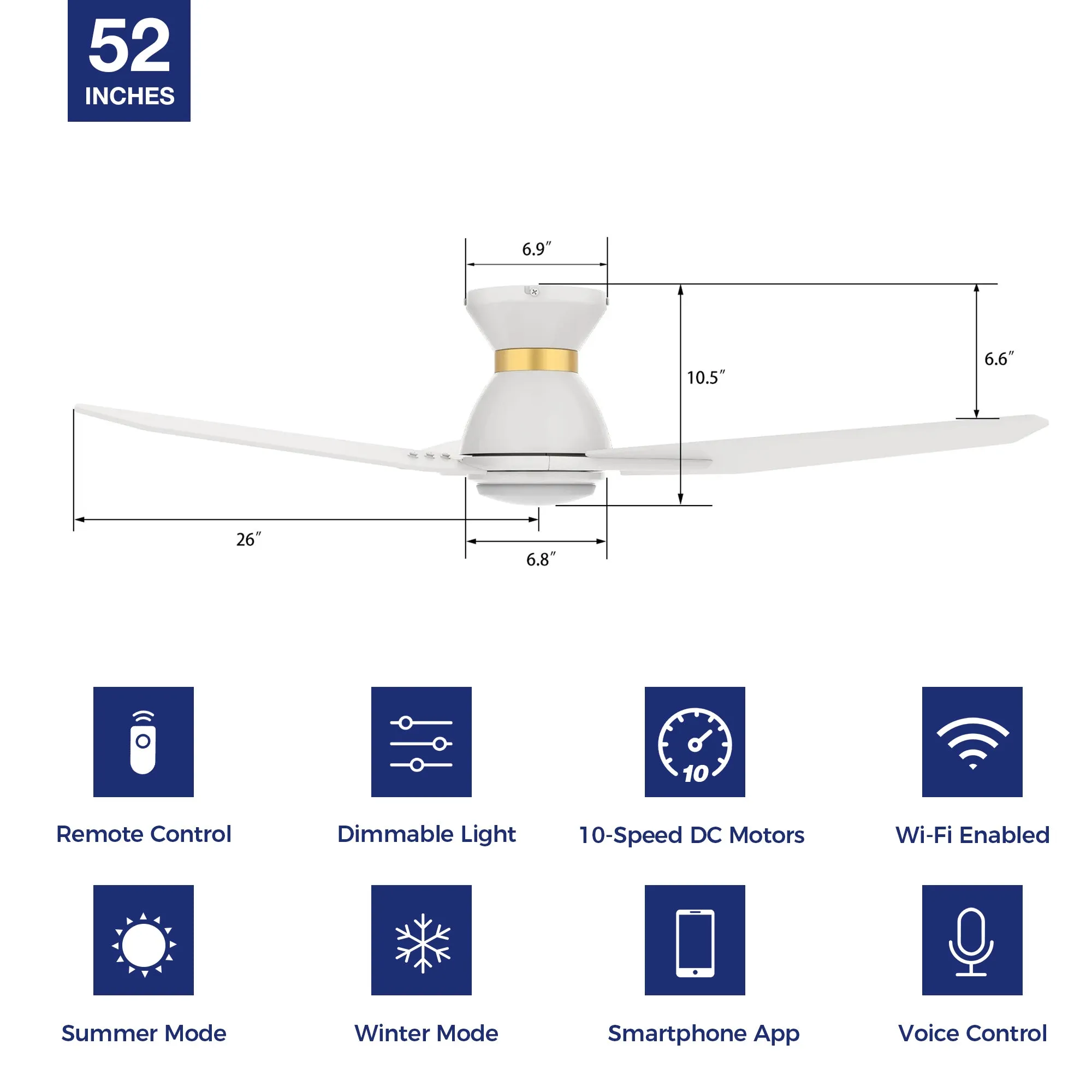 Brooks Smart Flush Mount Ceiling Fan with LED Light Outdoor Indoor 52”