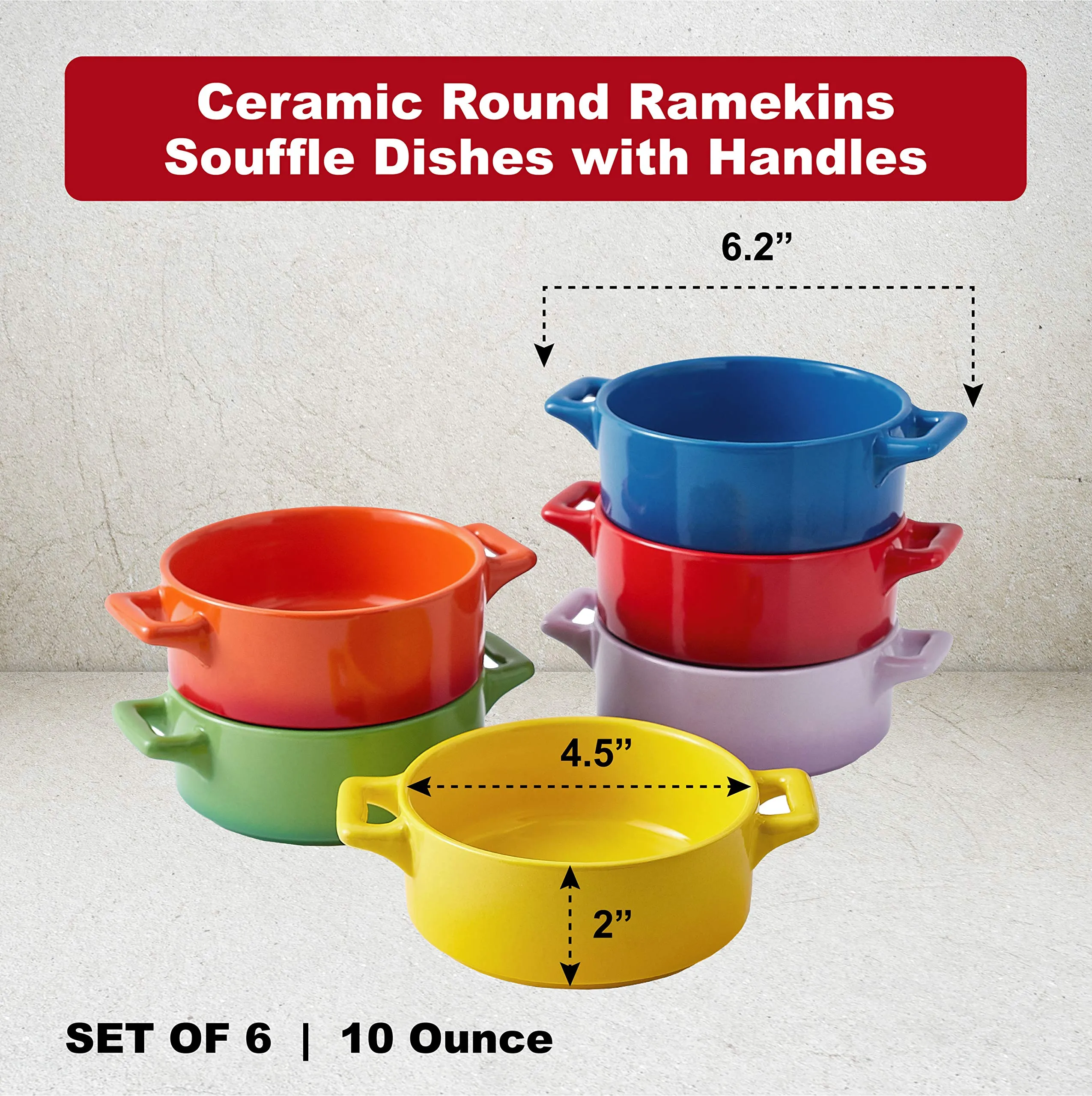 Bruntmor Modern Matte 10 Oz. Ceramic Round Ramekins Set Of 6 Souffle Dishes with Handles