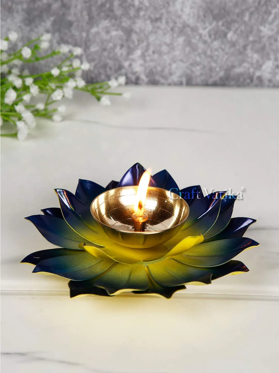 Collectible India Diya for Puja Home Decoration Item Gift, Lotus Brass Diyas Oil Lamp Pooja, Diwali Gifts (Set of 2)