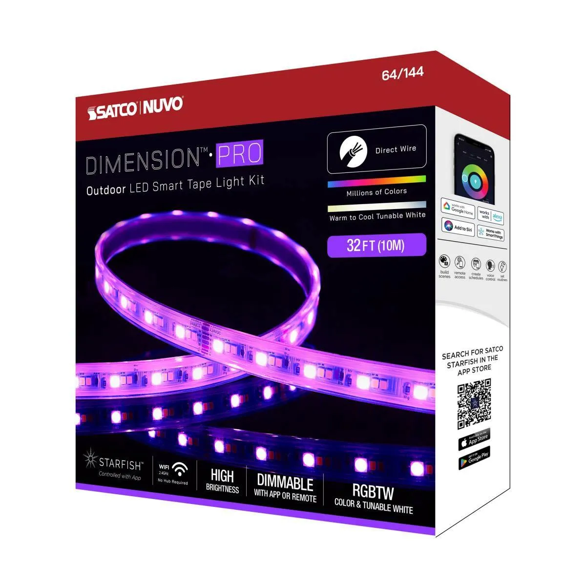 Dimension Pro Outdoor Smart LED Tape Light Kit with Remote, 32ft Reel, Color Changing RGB and Tunable White, 24V, J-Box Connection