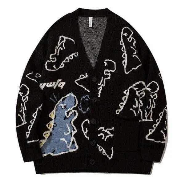 Dinosaur Print Oversized Knitted Women's Cardigan: A Cute and Casual Must-Have for Fans of Dinosaurs