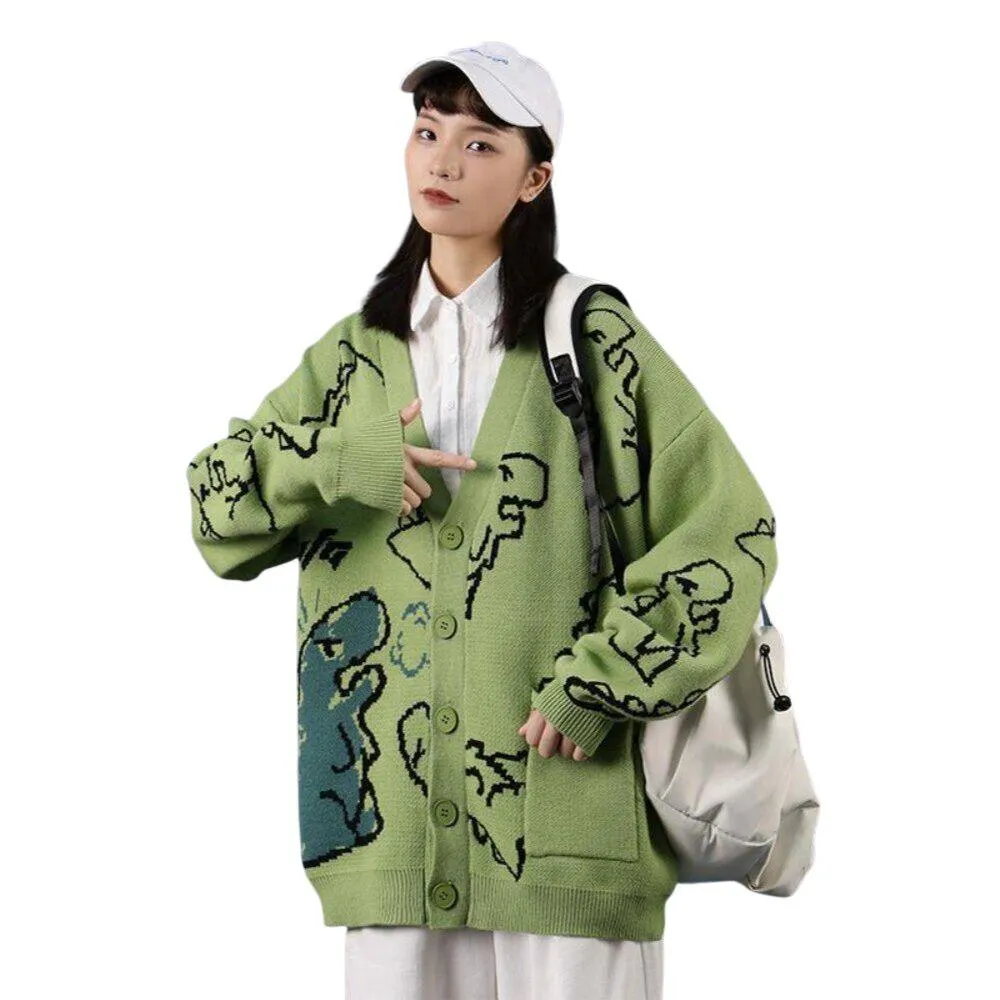 Dinosaur Print Oversized Knitted Women's Cardigan: A Cute and Casual Must-Have for Fans of Dinosaurs