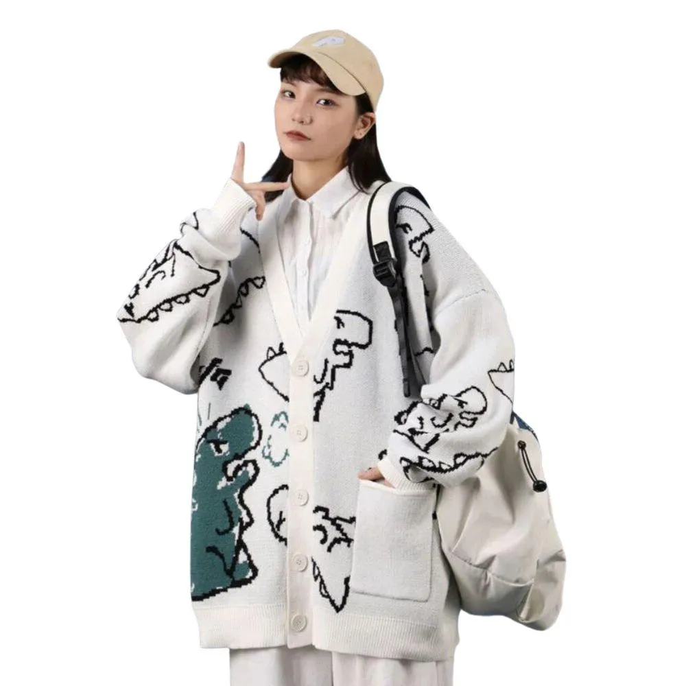 Dinosaur Print Oversized Knitted Women's Cardigan: A Cute and Casual Must-Have for Fans of Dinosaurs