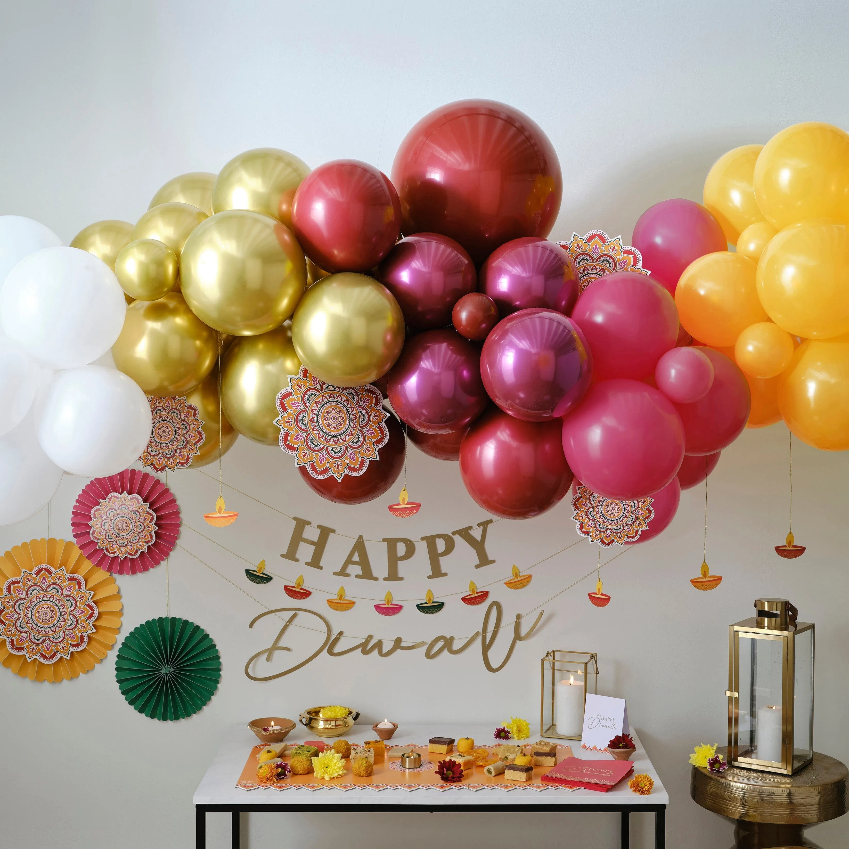 Diwali Balloon Arch Kit with Fans and Tea-light Card Decorations