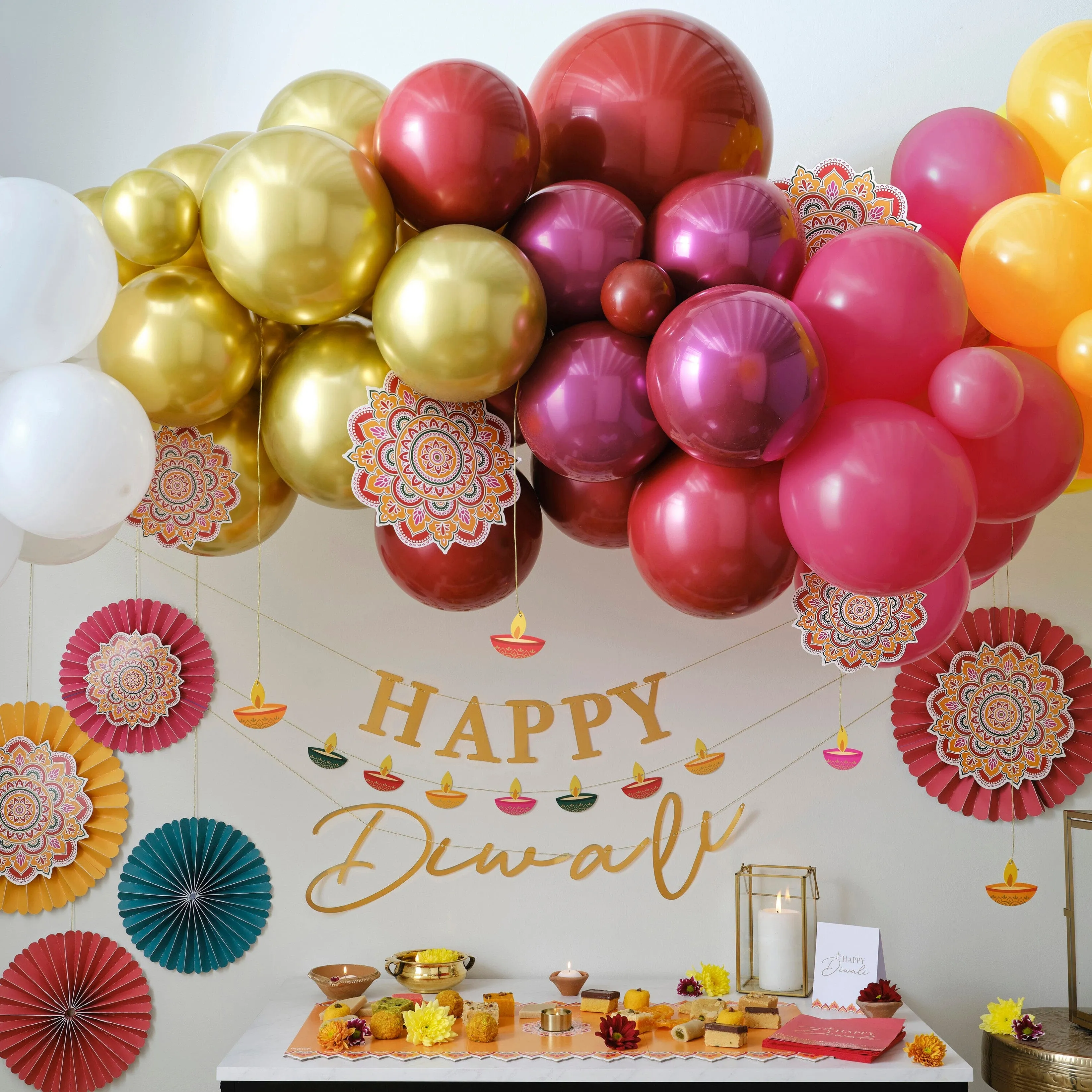 Diwali Balloon Arch Kit with Fans and Tea-light Card Decorations