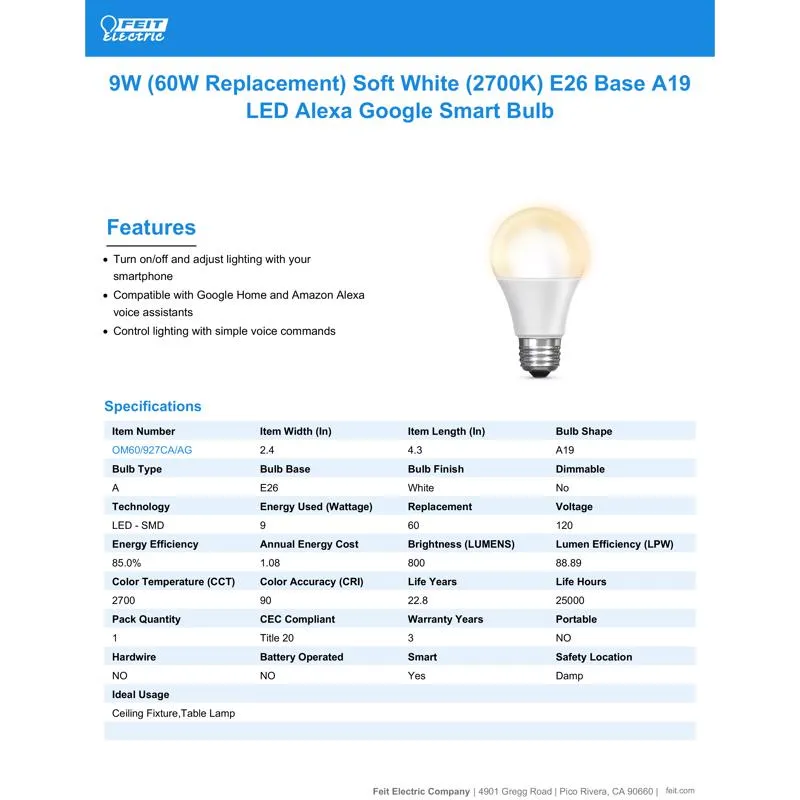 Feit Smart Home A19 E26 (Medium) Smart-Enabled LED Bulb Soft White 60 Watt Equivalence 1 pk