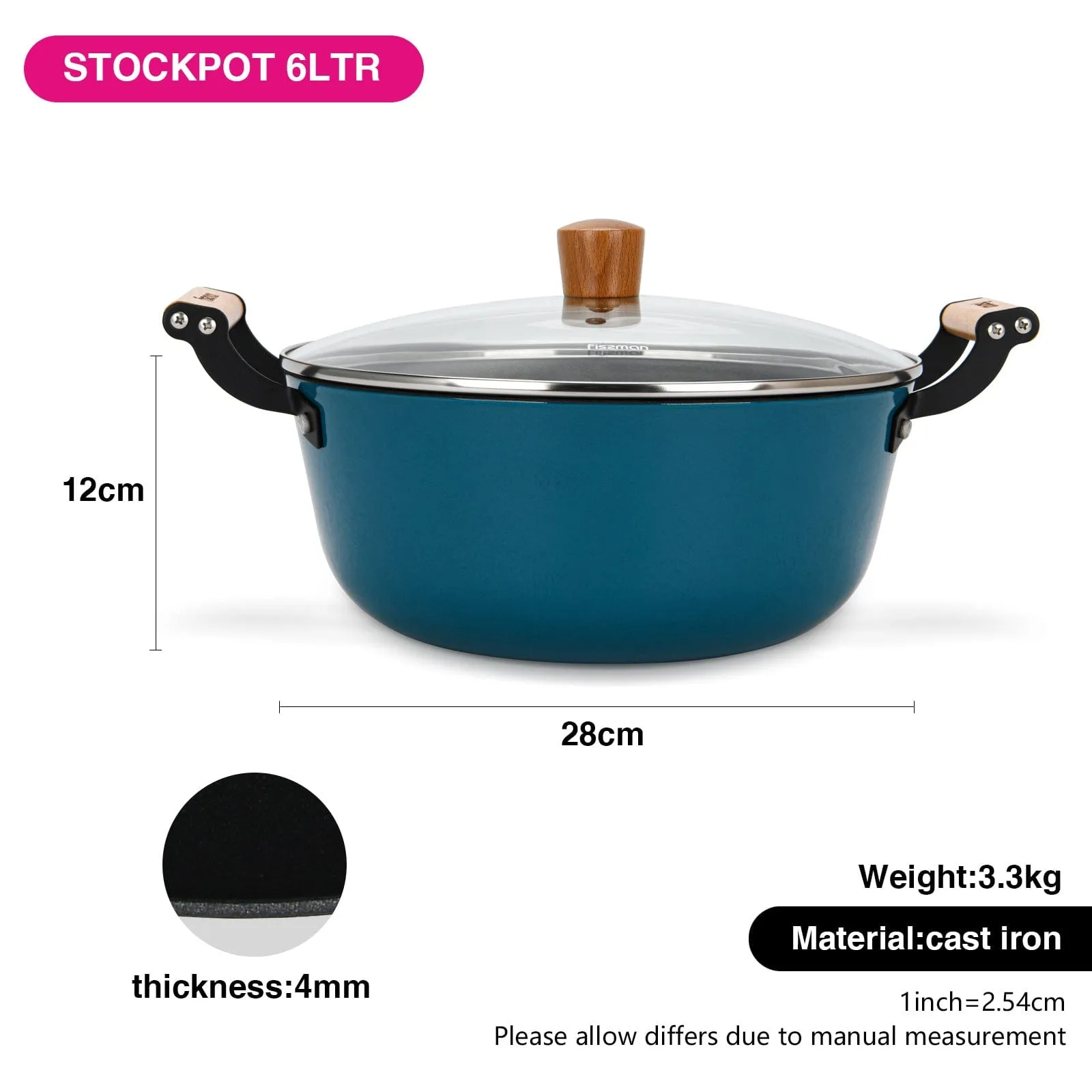 Fissman Stockpot Seagreen Series Series With Glass Lid Enamelled Lightweight Cast Iron With Non-Stick Coating 28x12cm/6LTR