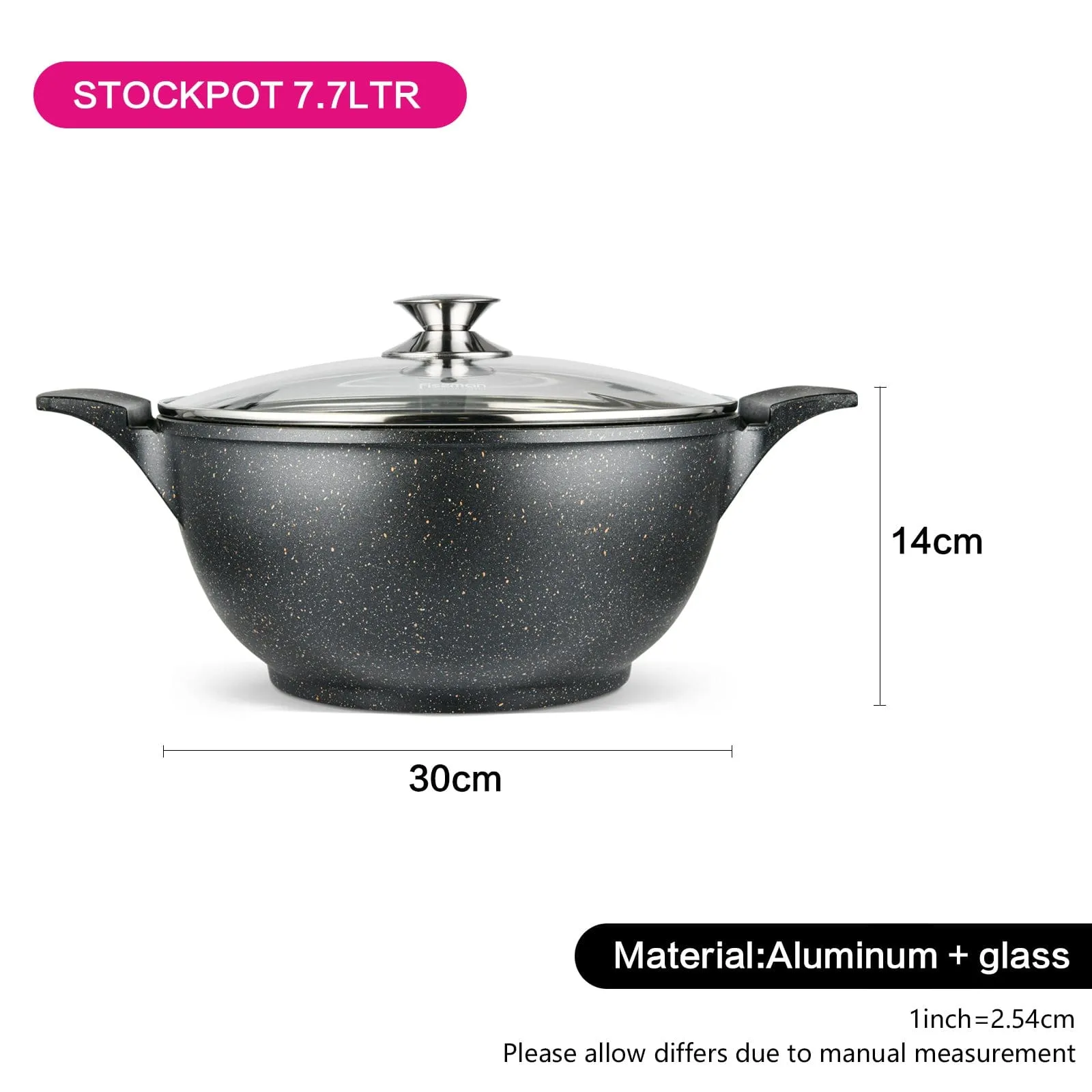 Fissman Stockpot With Glass Lid  Grande Series with Aluminum With Non-Stick Coating Black  30cm