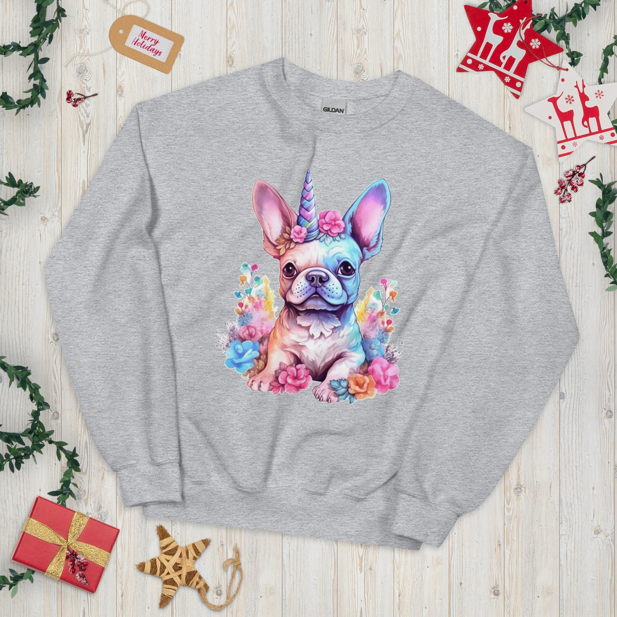 Frenchie Embraces Unicorn - Unisex Crew Neck Sweatshirt