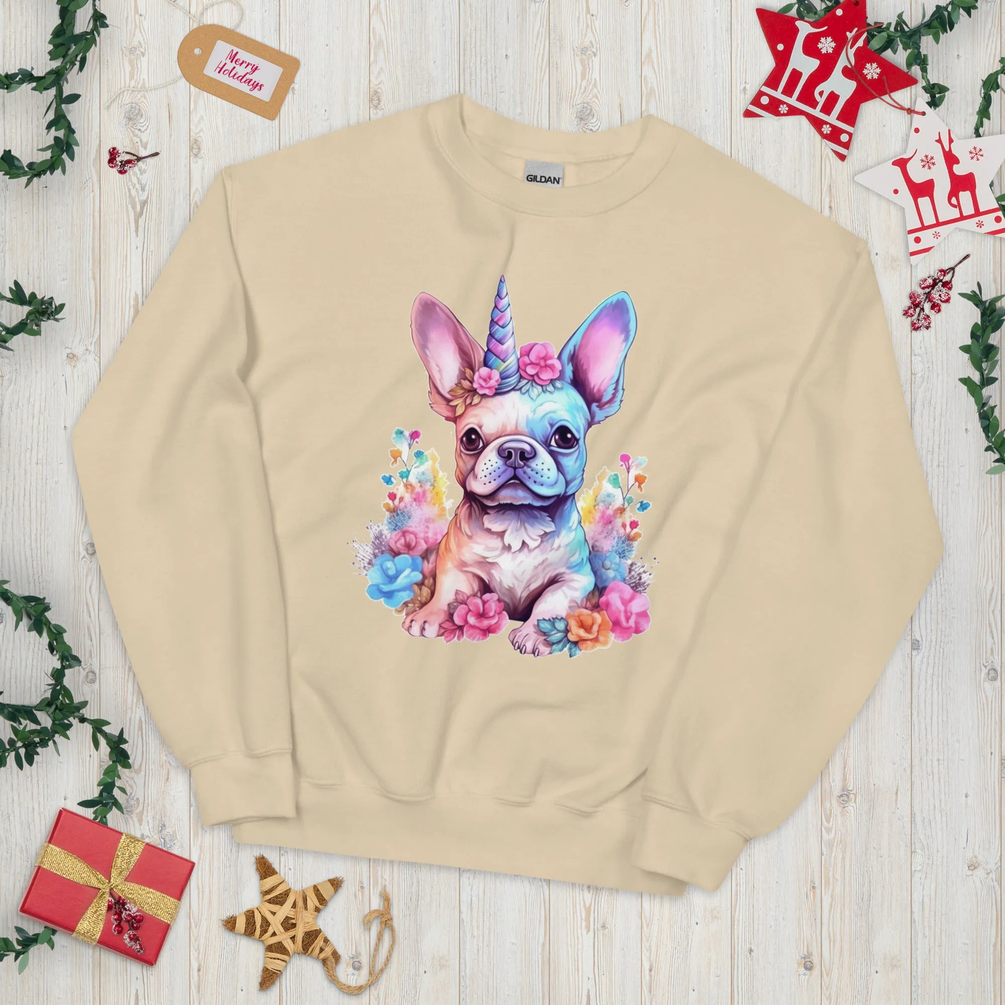 Frenchie Embraces Unicorn - Unisex Crew Neck Sweatshirt