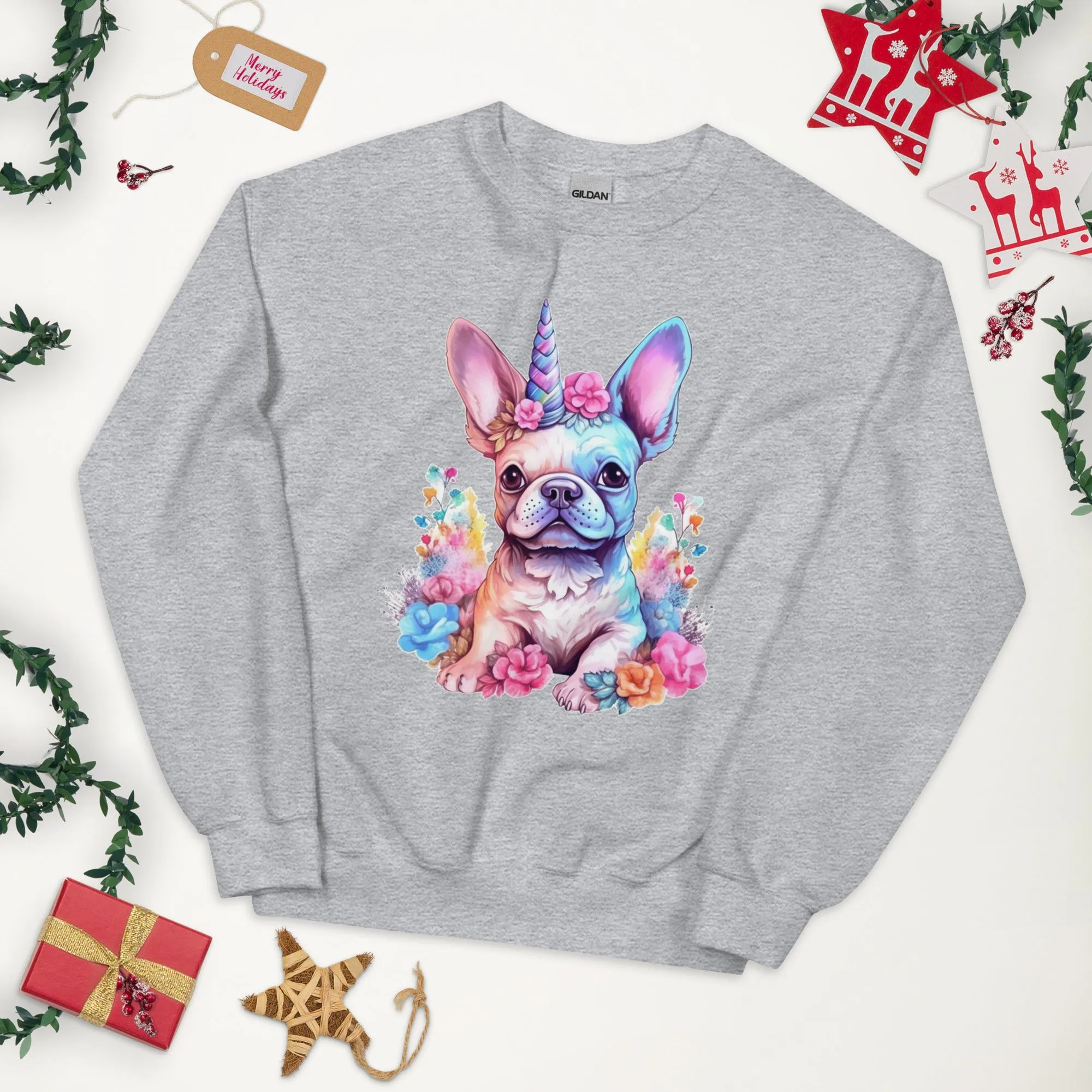 Frenchie Embraces Unicorn - Unisex Crew Neck Sweatshirt