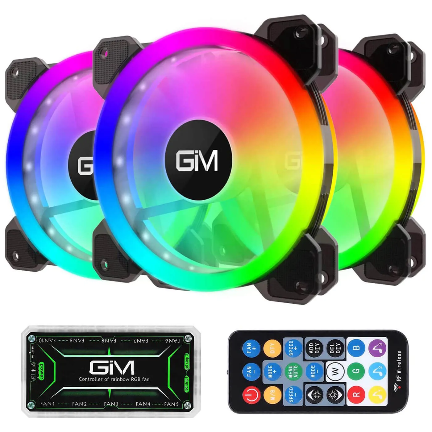 GIM KB-23 RGB Case Fans, 3 Pack 120mm Quiet Computer Cooling PC Fans, Music Rhythm 5V ARGB Addressable Motherboard SYNC/RC Controller with hub