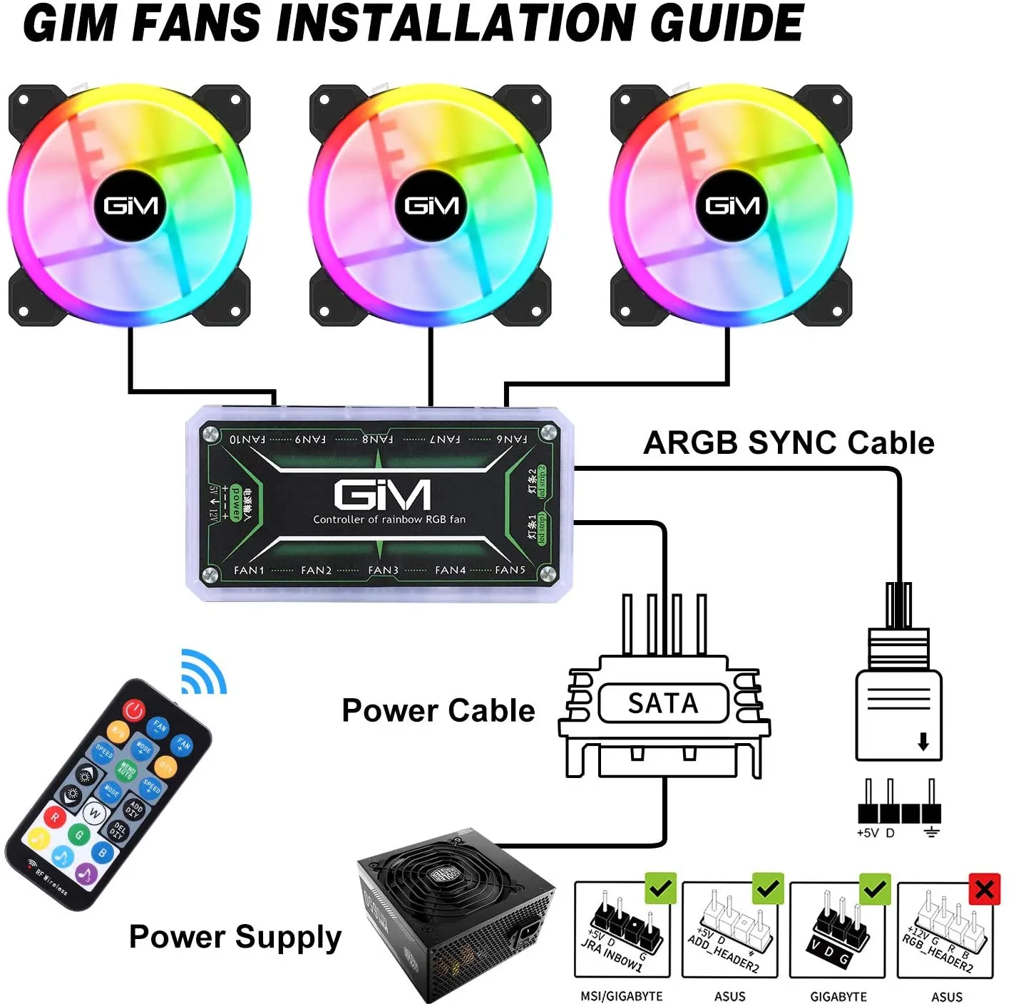 GIM KB-23 RGB Case Fans, 3 Pack 120mm Quiet Computer Cooling PC Fans, Music Rhythm 5V ARGB Addressable Motherboard SYNC/RC Controller with hub