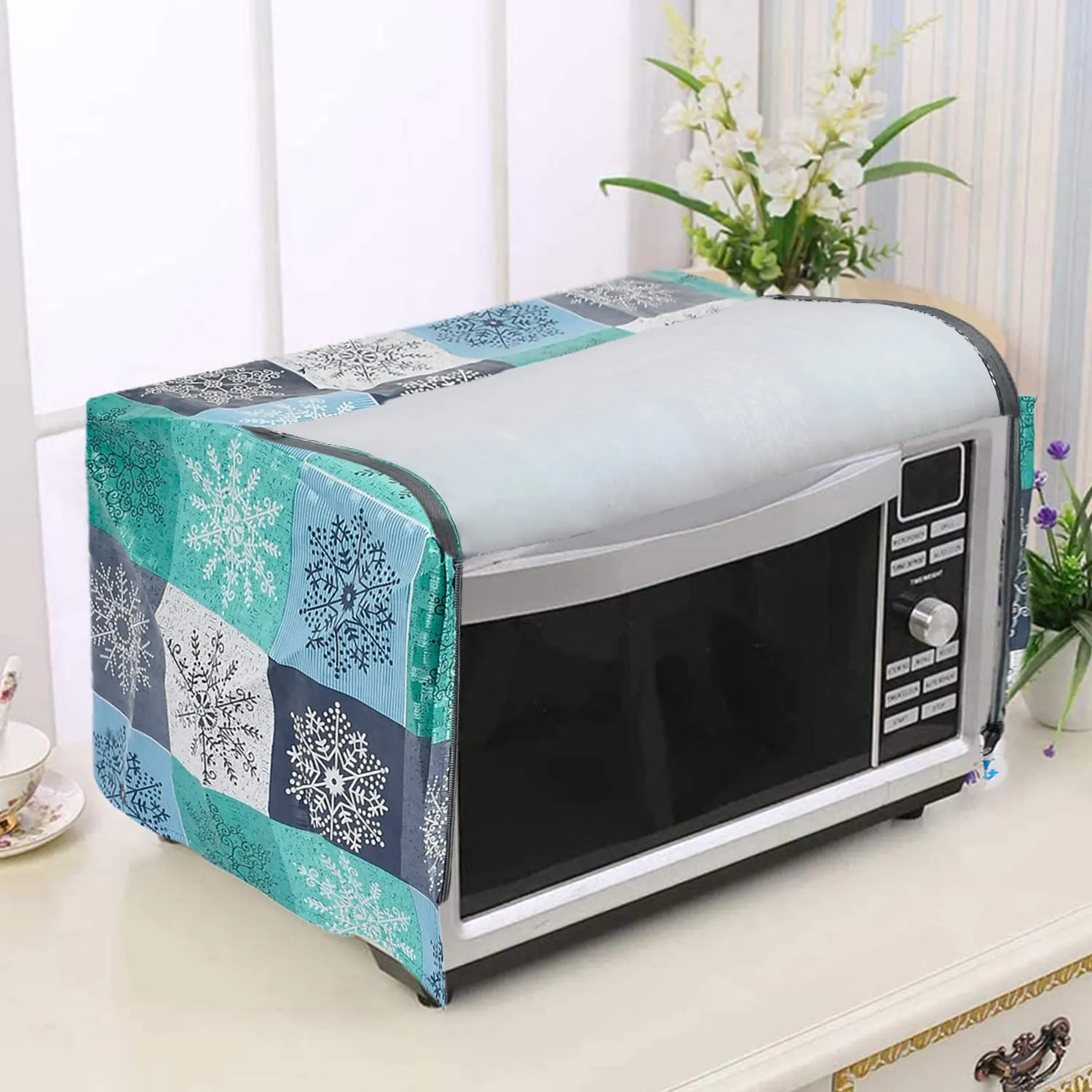 Heart Home PVC Check Printed Microwave Oven Cover, Dustproof Machine Protector Cover,25 LTR. (Sky Blue)-50HH01253