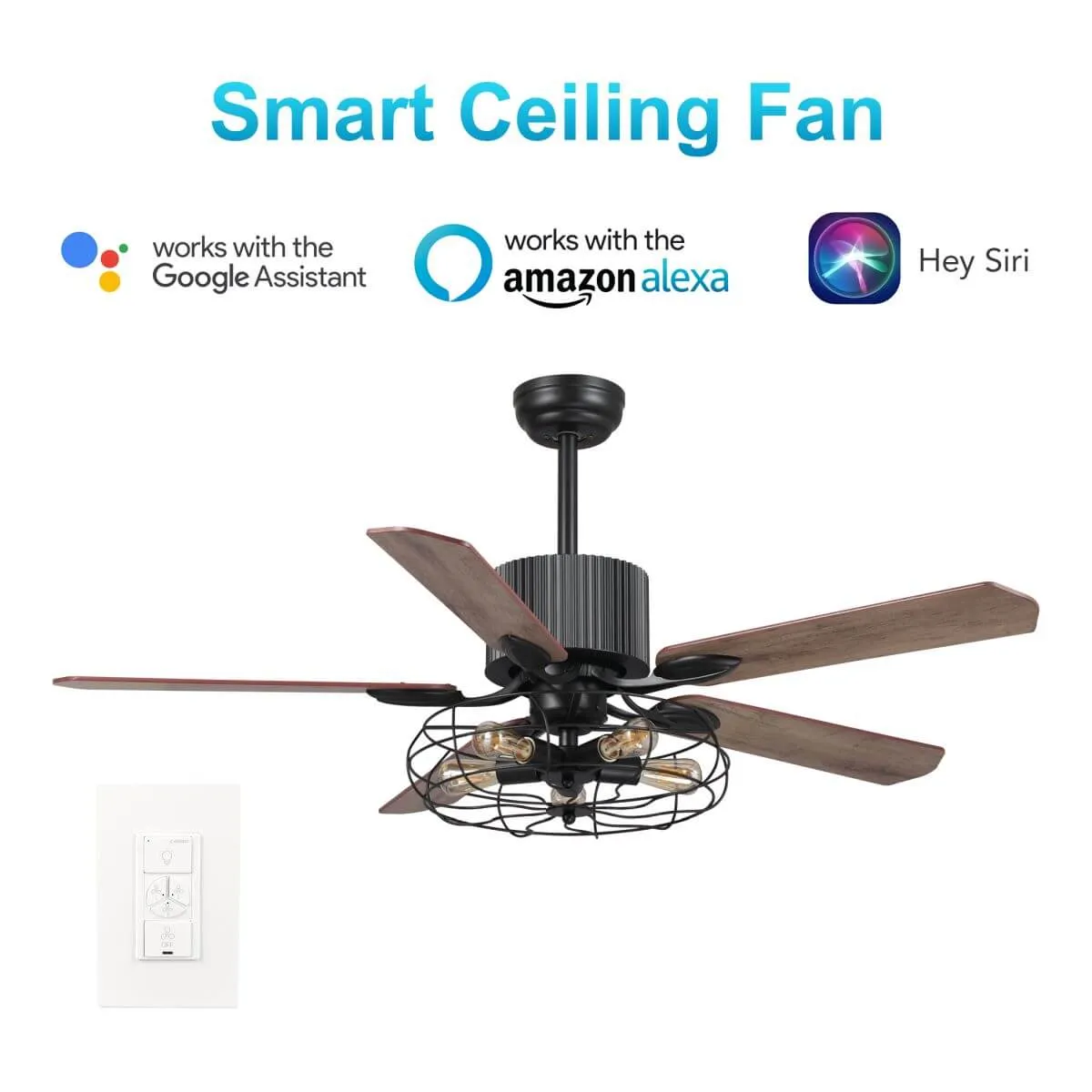 Helston 52" In. Black/Dark Wood & Light Wood 5 Blade Smart Ceiling Fan with LED Light Kit Works with Light & Smart Wall Switch