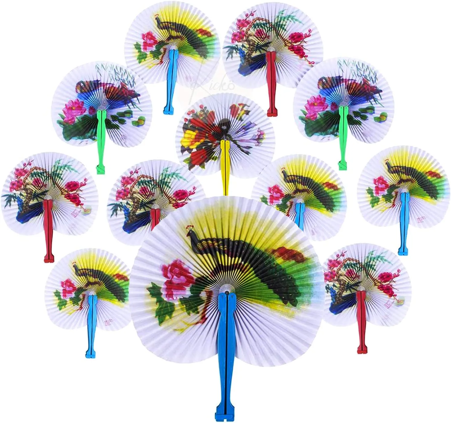 Kicko Chinese Paper Fans - 12 Pack - White Folding Fans with Colorful Plastic Handles - 10