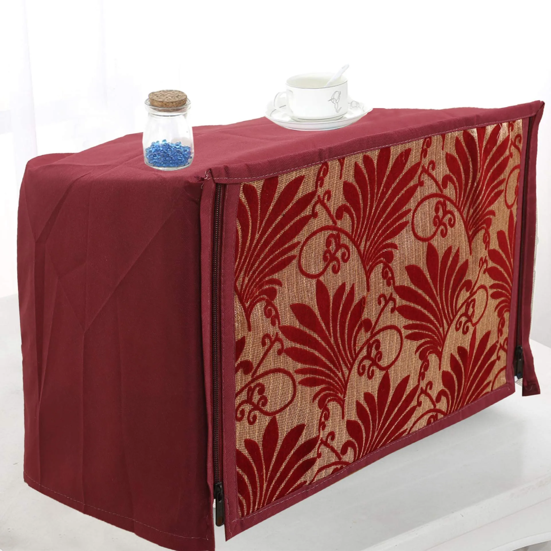 Kuber Industries Leaf Design Velvet Microwave Oven Cover - Maroon, 20 LTR, Standard (CTKTC01124)