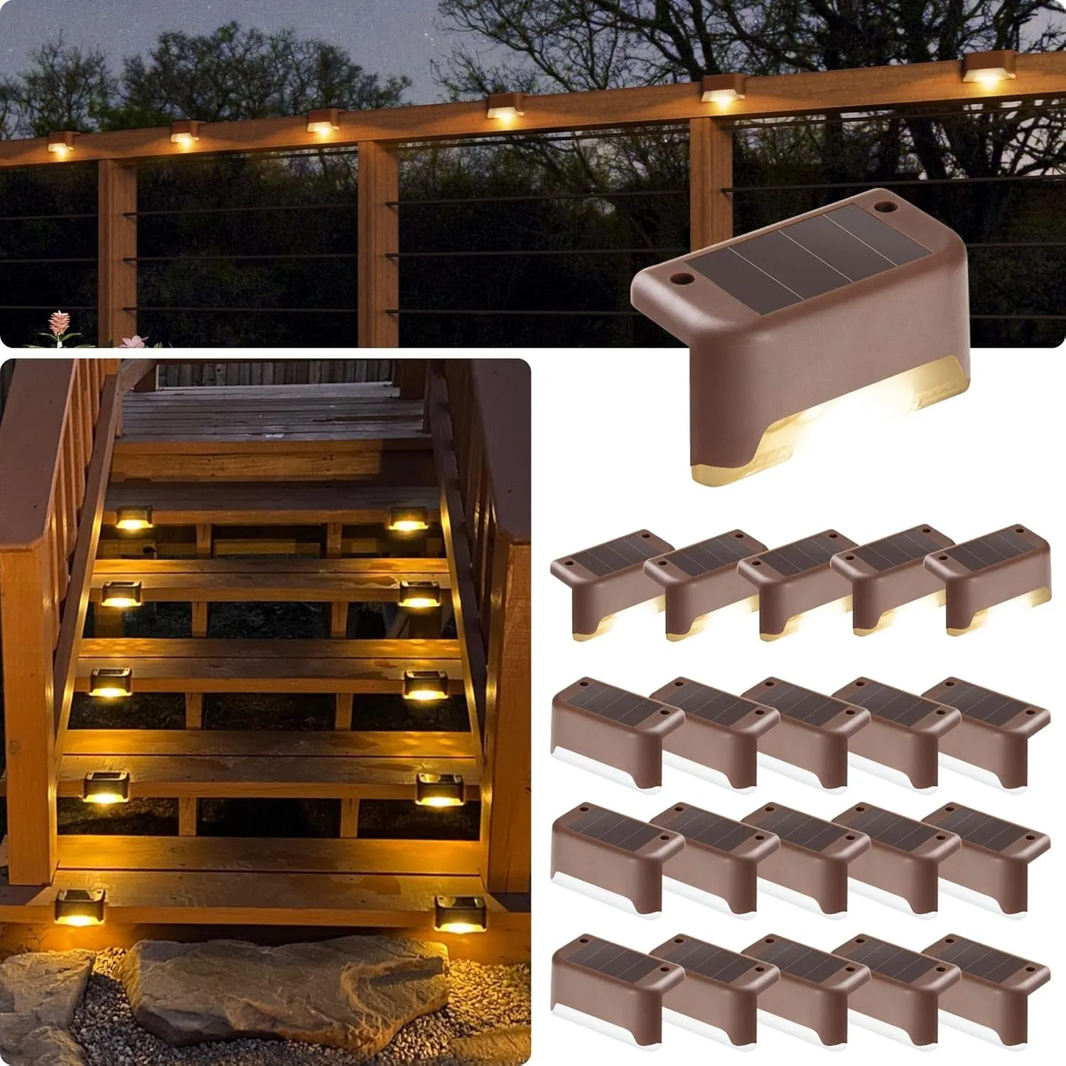 Led Solar Deck Lights, 16 Pack Waterproof for Outdoor Stairs, Step, Fence, Railing, Yard and Patio (Warm White)