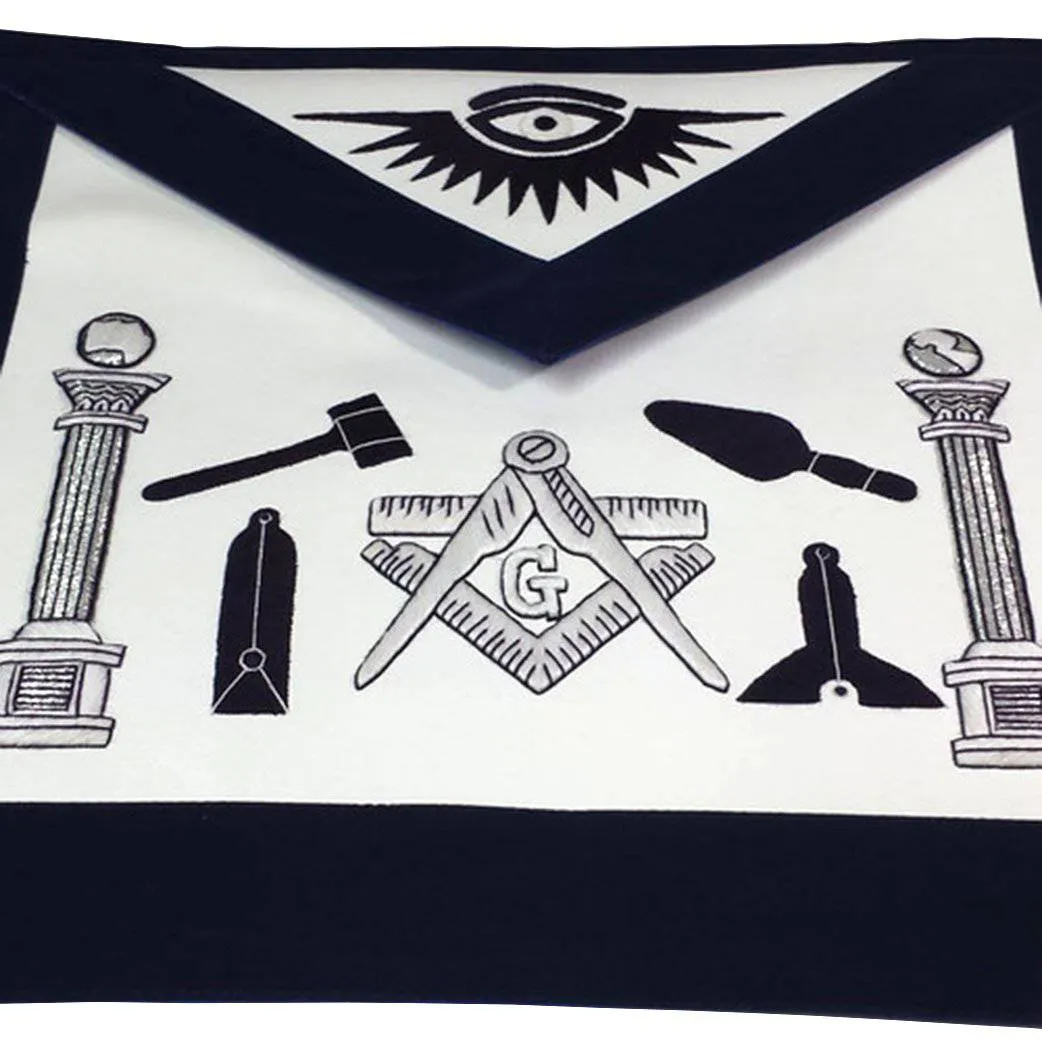 Master Mason Blue Lodge Apron - Navy Blue & White Silk Threads Hand Embroidery