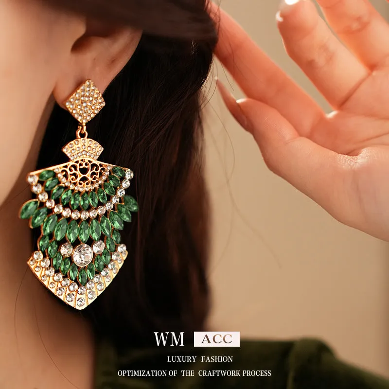 Medieval Fan-Shape Geometric Alloy Diamond Inlay Earrings