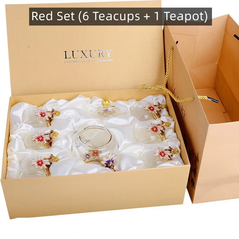 Metallic Floral Glass Tea Cup Gift Sets